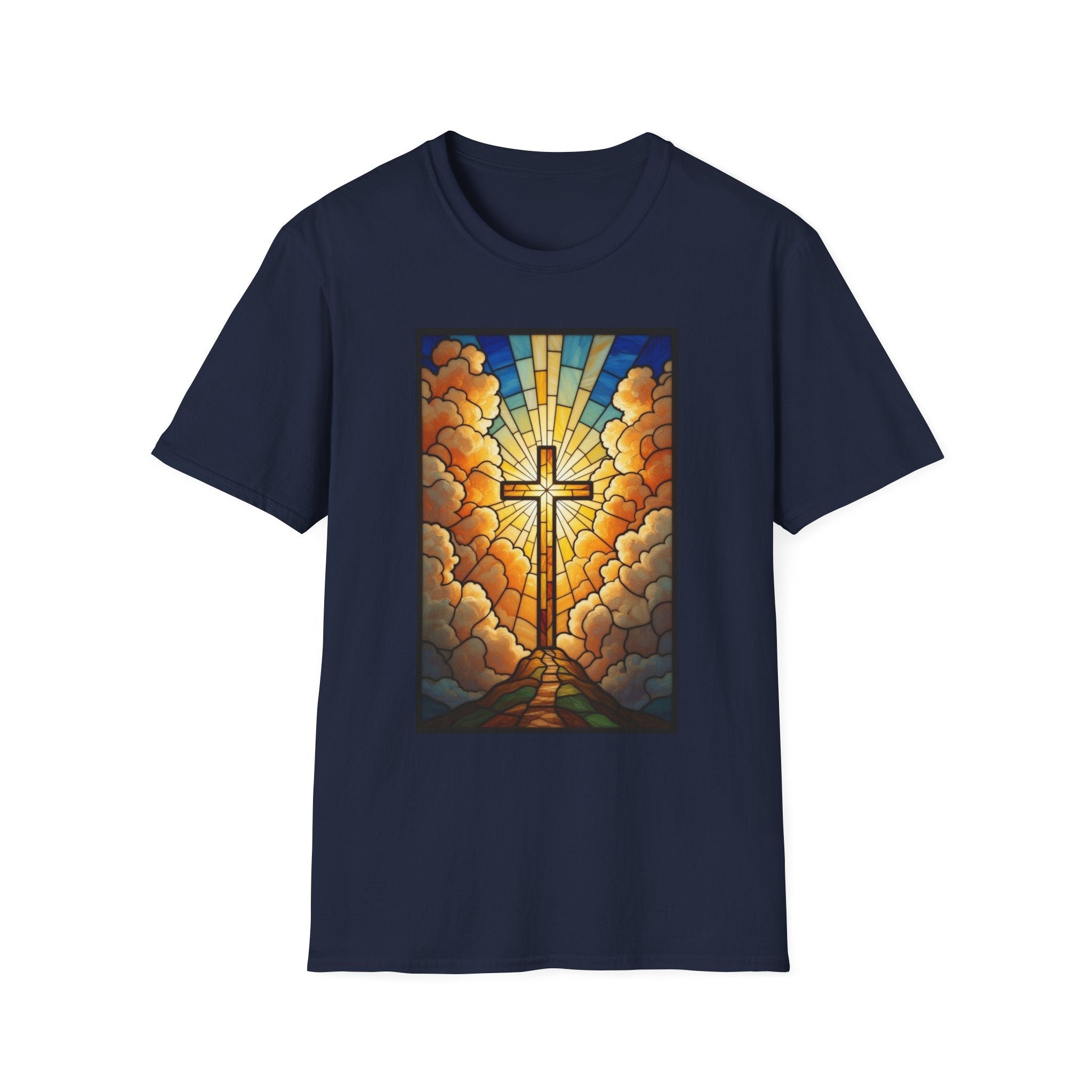 Christian Cross T-Shirt — Stained Glass Sunrise Faith Tee