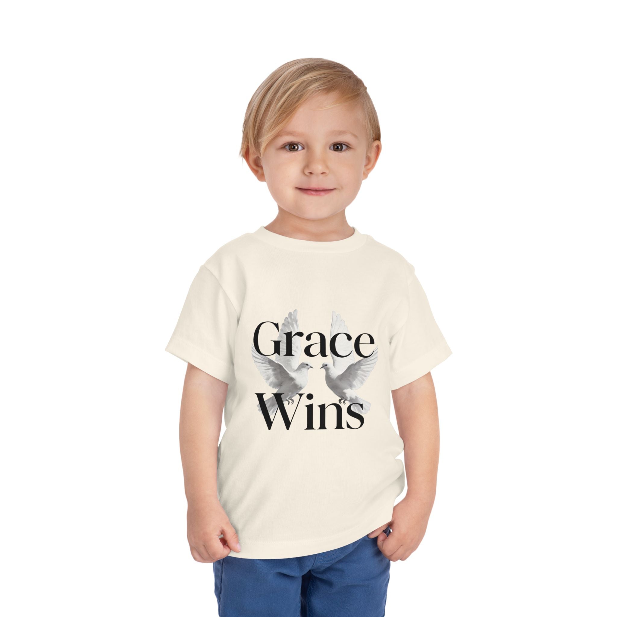 Toddler Tee — "Grace Wins" Dove Graphic Christian Short Sleeve Shirt