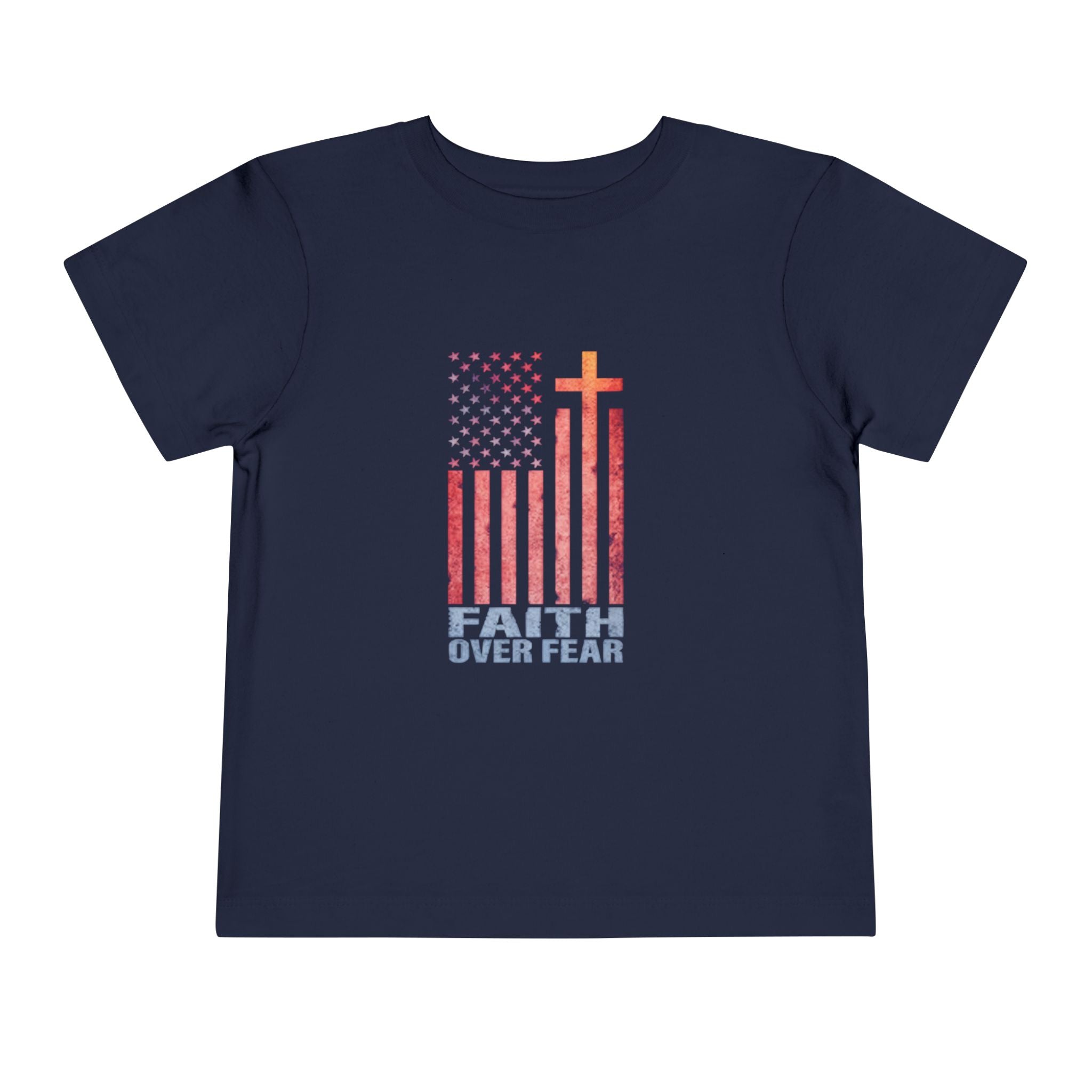 Toddler Tee — "Faith Over Fear" American Flag Cross Graphic