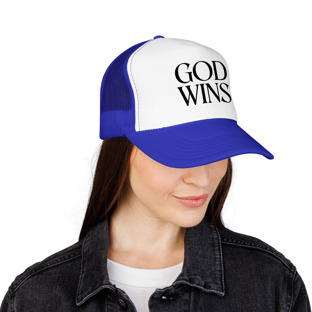 God Wins Trucker Hat — Christian Message Foam Mesh Cap
