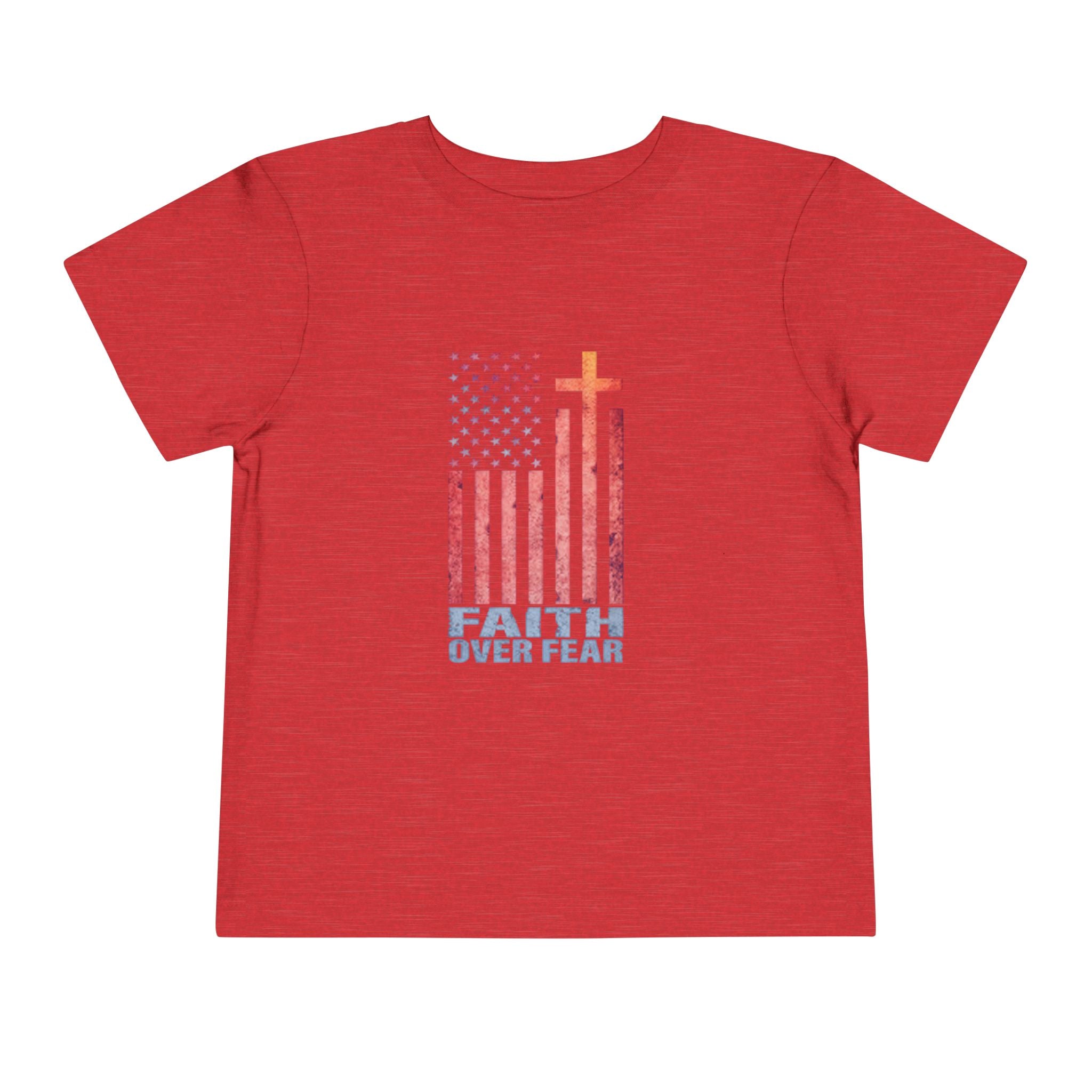 Toddler Tee — "Faith Over Fear" American Flag Cross Graphic