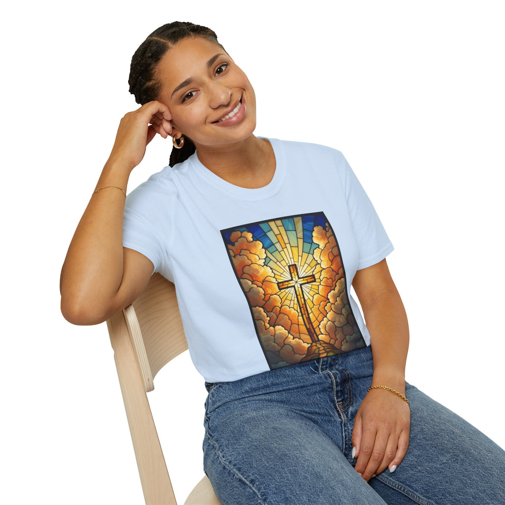 Christian Cross T-Shirt — Stained Glass Sunrise Faith Tee