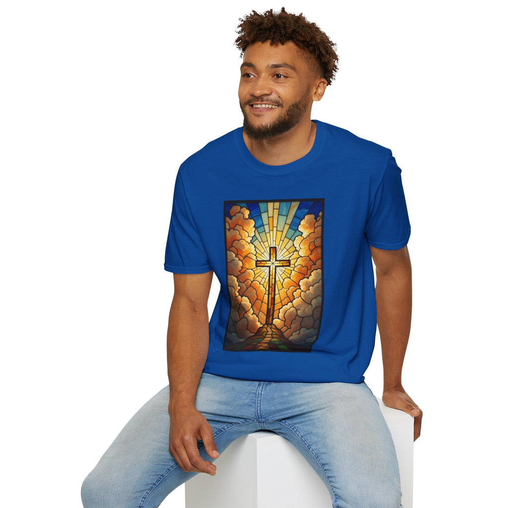Christian Cross T-Shirt — Stained Glass Sunrise Faith Tee