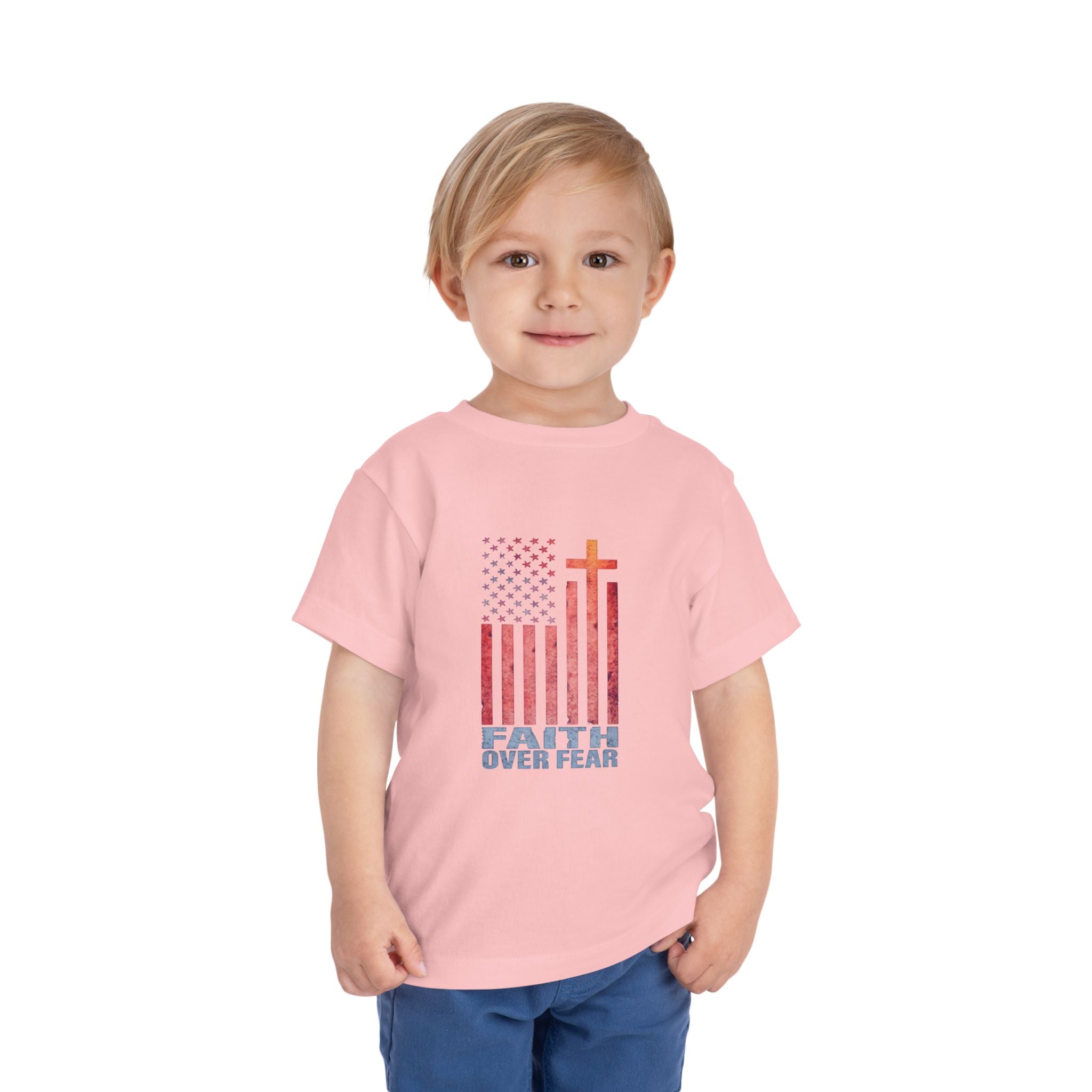 Toddler Tee — "Faith Over Fear" American Flag Cross Graphic