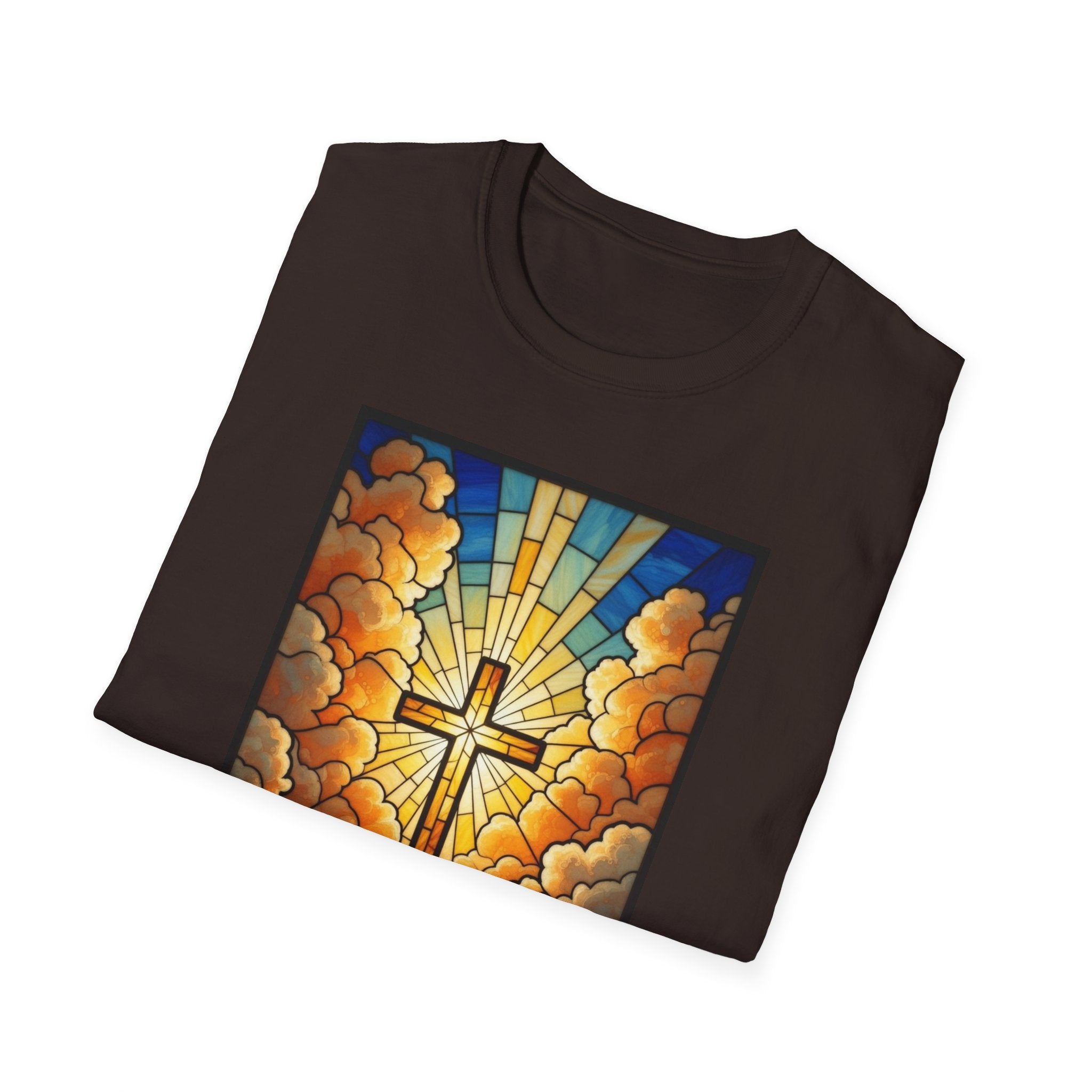 Christian Cross T-Shirt — Stained Glass Sunrise Faith Tee
