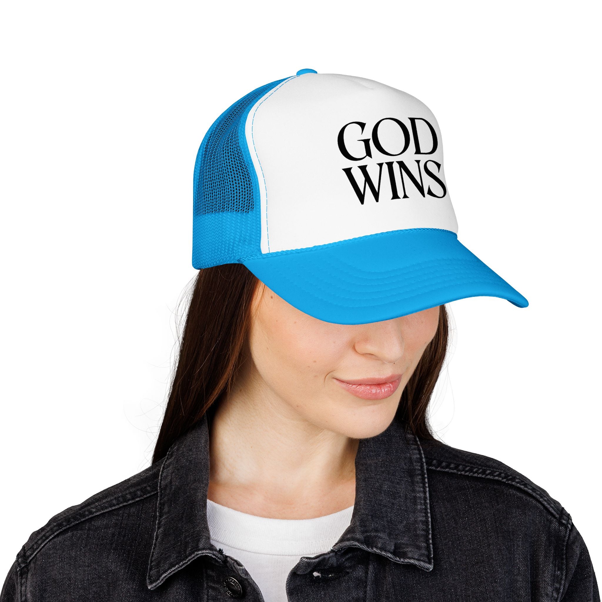 God Wins Trucker Hat — Christian Message Foam Mesh Cap