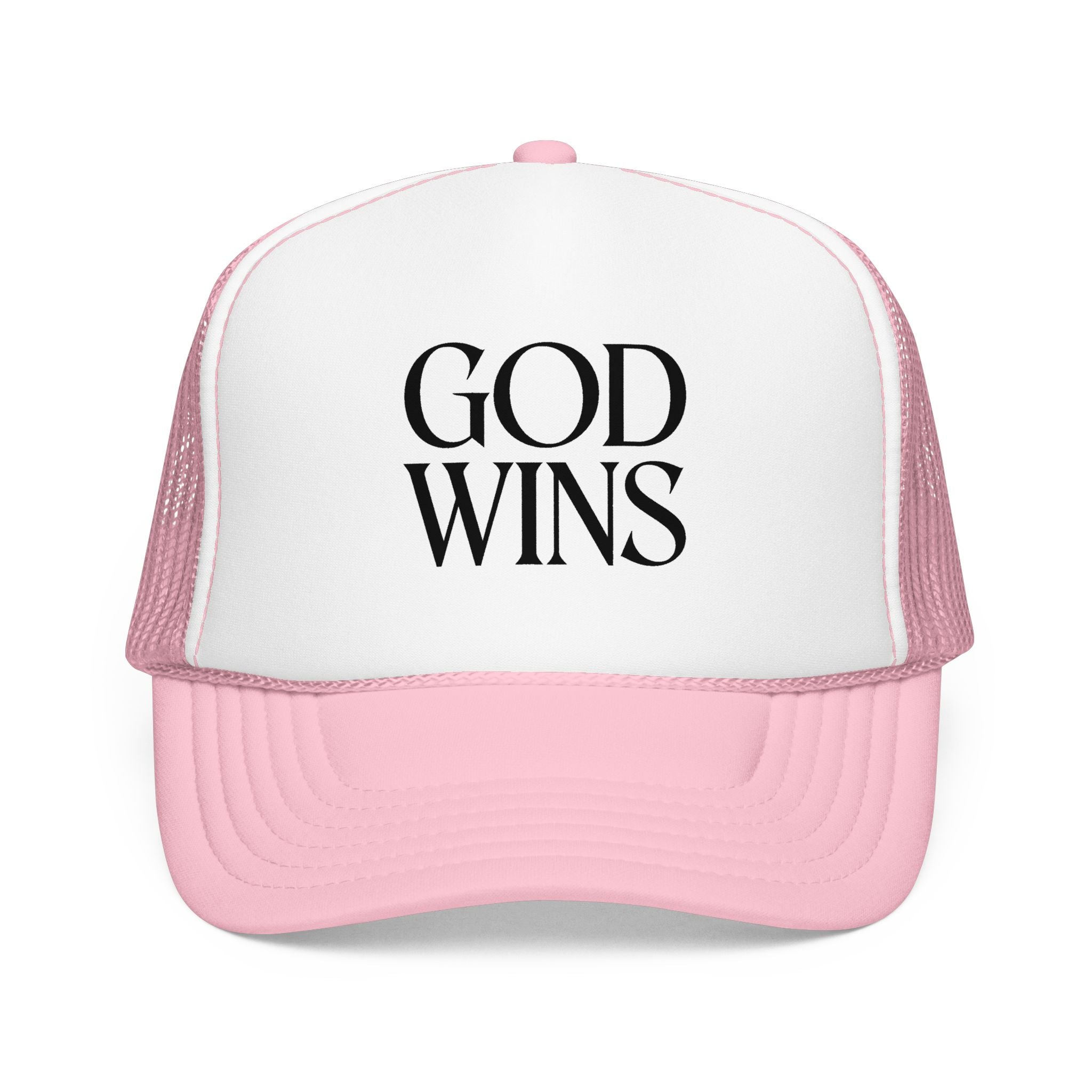 God Wins Trucker Hat — Christian Message Foam Mesh Cap
