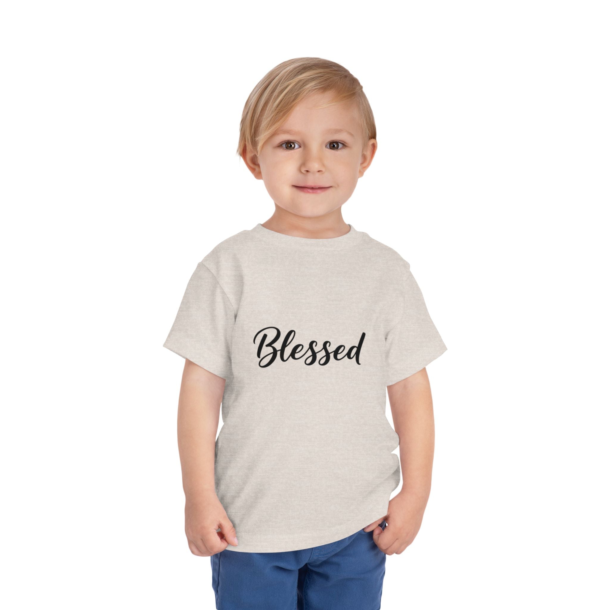 Blessed Toddler Tee — White Short Sleeve Baby Shirt with Script Text