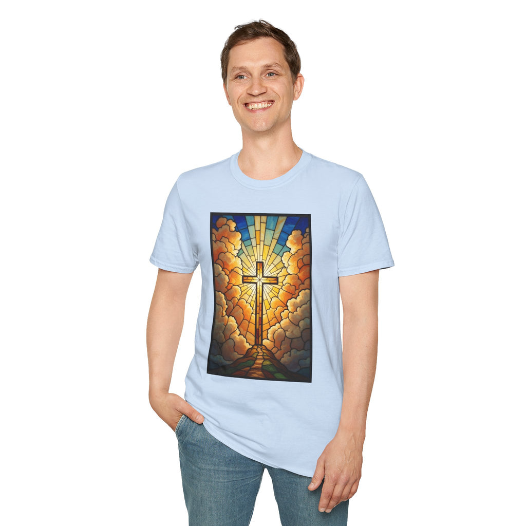 Christian Cross T-Shirt — Stained Glass Sunrise Faith Tee