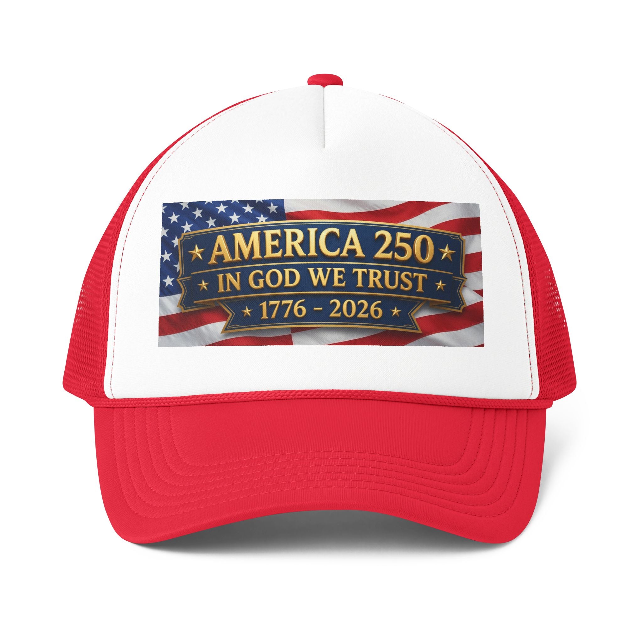 America 250 Trucker Cap - "In God We Trust" Patriotic 1776–2026 Mesh Hat