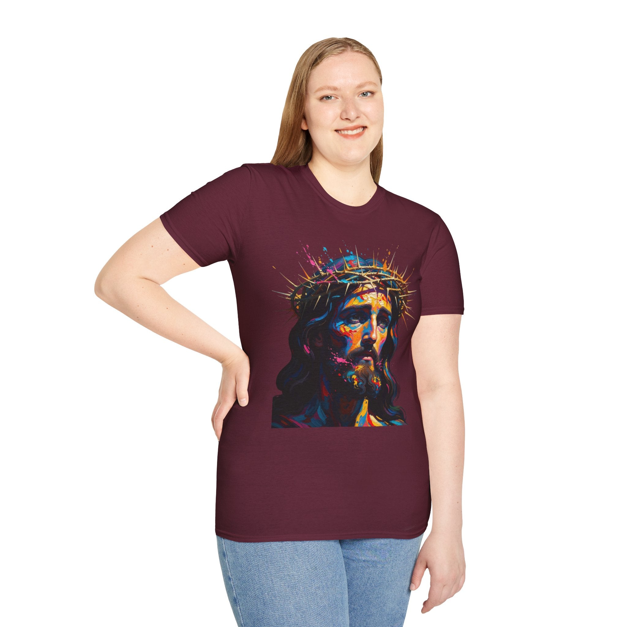 Jesus with Crown of Thorns T-Shirt | Colorful Portrait, Religious Christian Tee