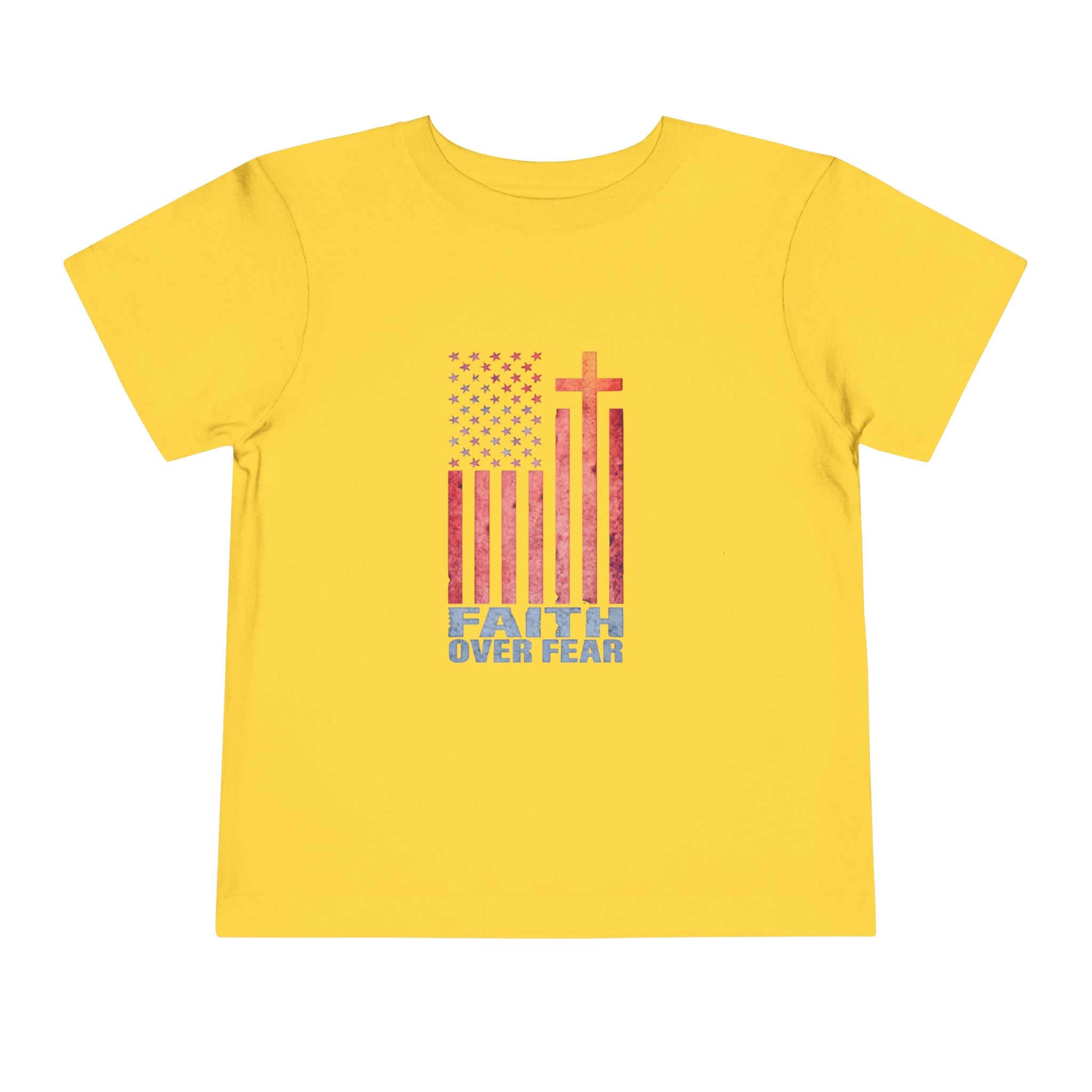 Toddler Tee — "Faith Over Fear" American Flag Cross Graphic