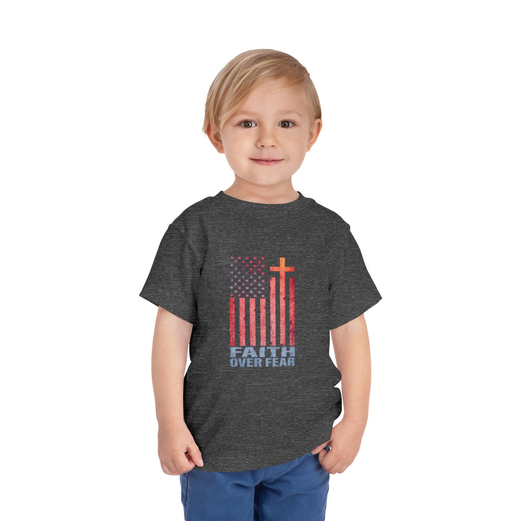 Toddler Tee — "Faith Over Fear" American Flag Cross Graphic