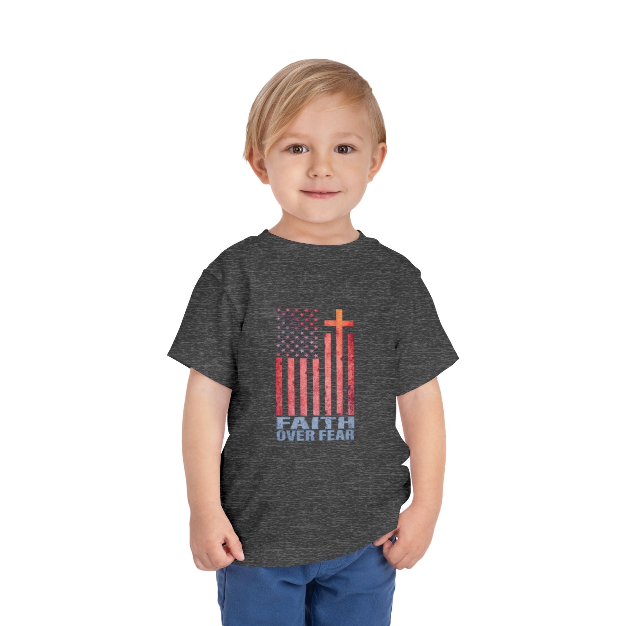 Toddler Tee — "Faith Over Fear" American Flag Cross Graphic