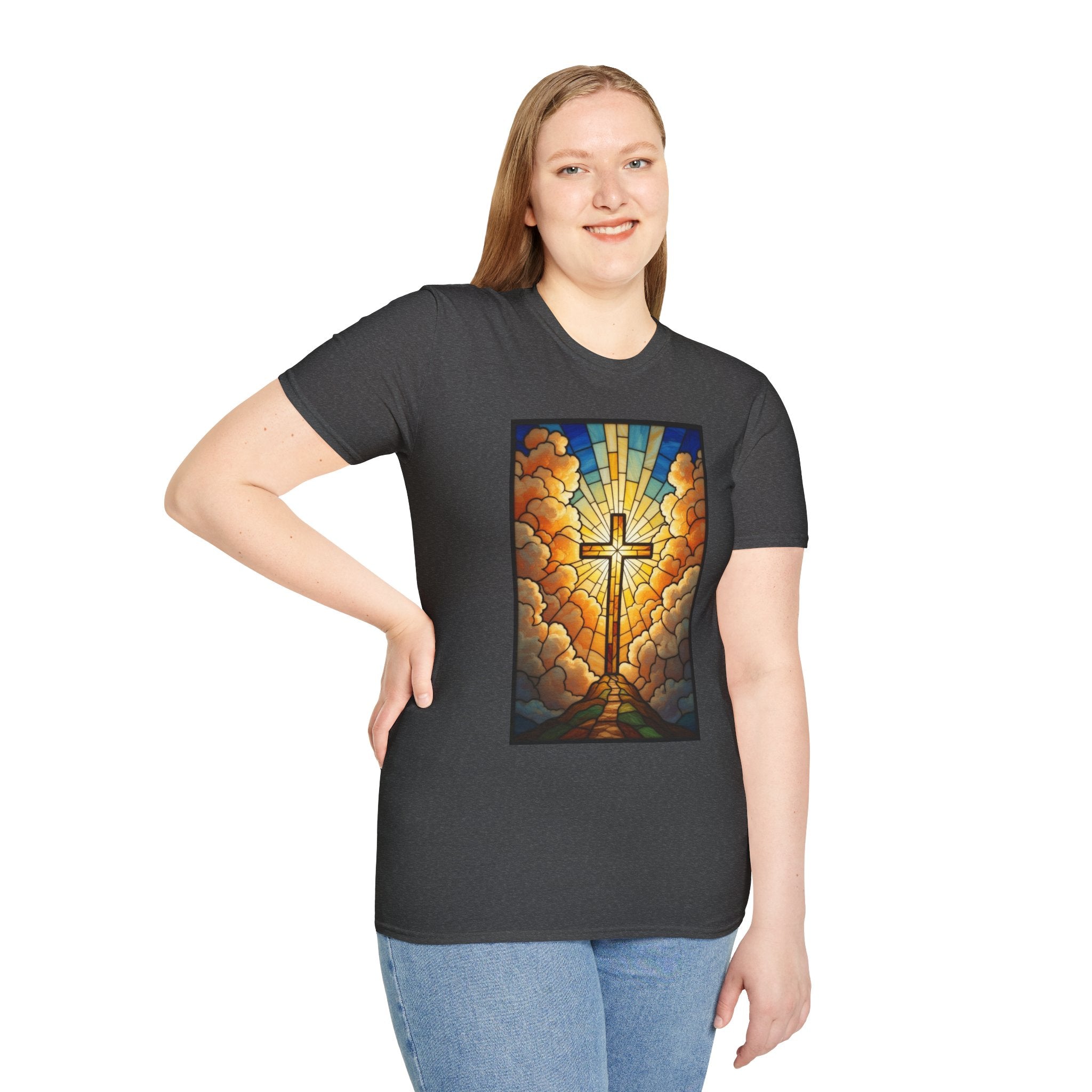 Christian Cross T-Shirt — Stained Glass Sunrise Faith Tee