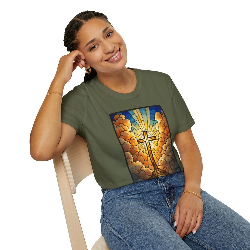 Christian Cross T-Shirt — Stained Glass Sunrise Faith Tee