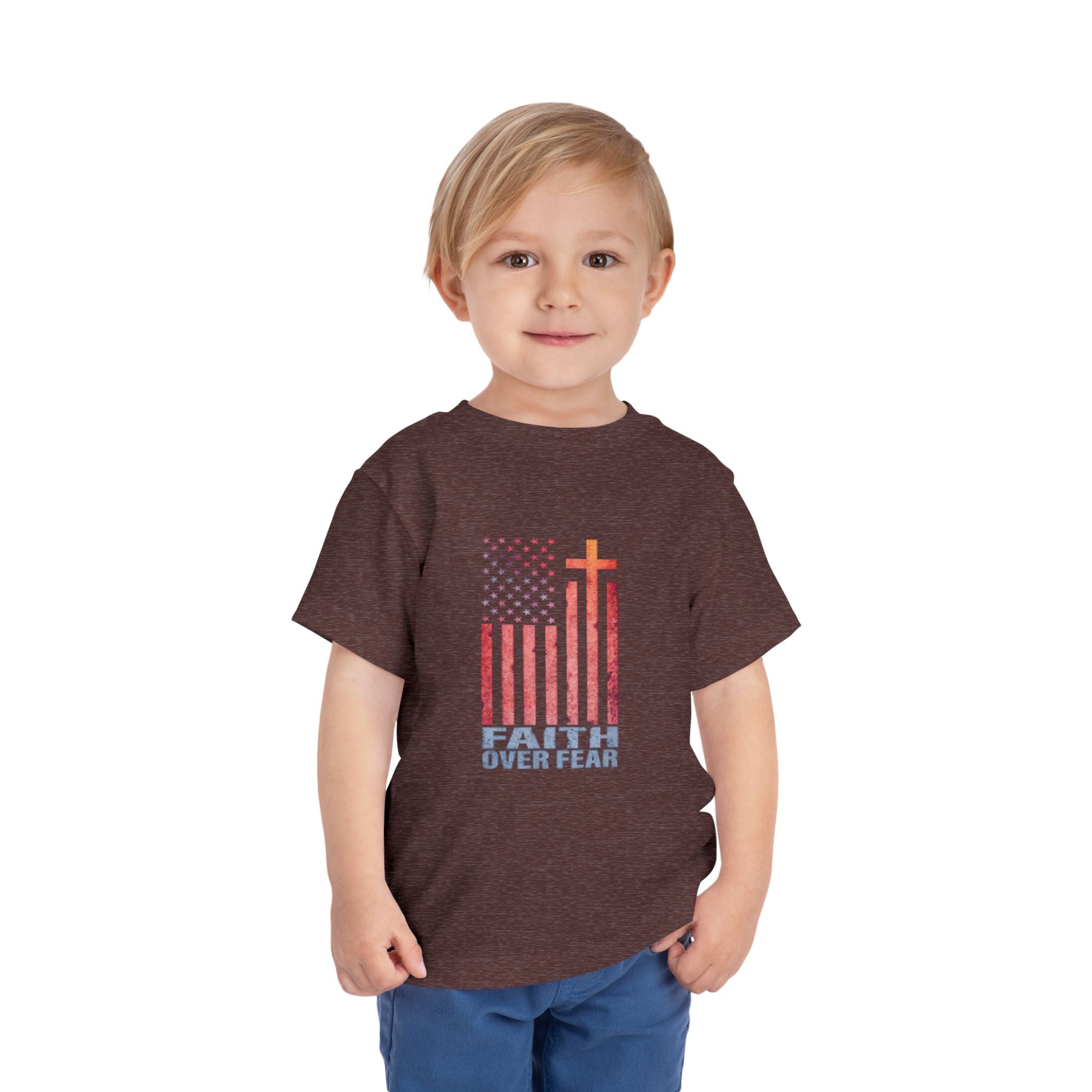Toddler Tee — "Faith Over Fear" American Flag Cross Graphic