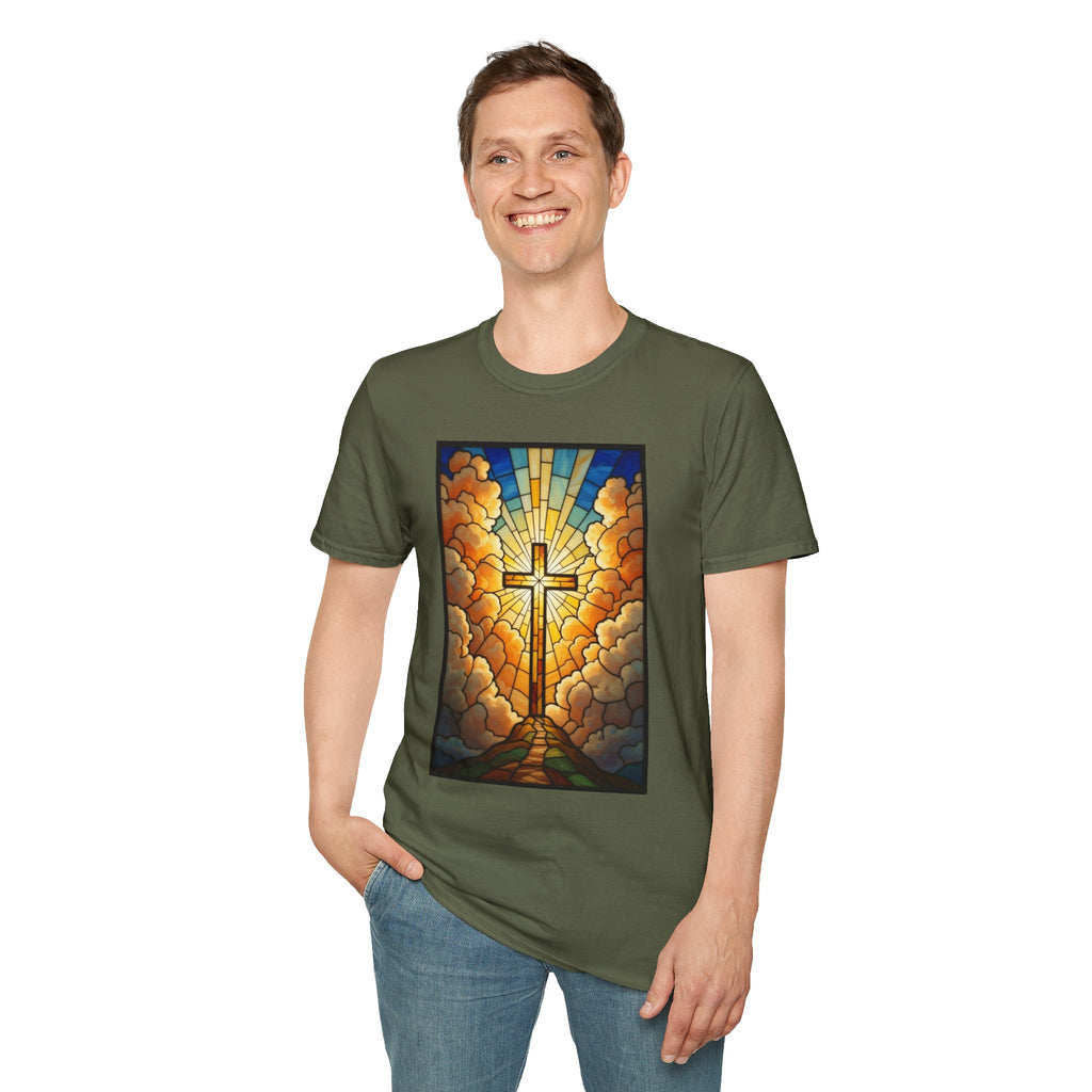 Christian Cross T-Shirt — Stained Glass Sunrise Faith Tee
