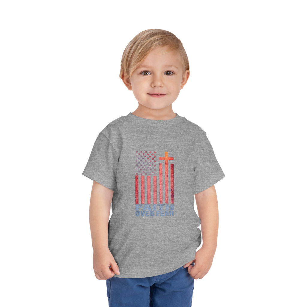 Toddler Tee — "Faith Over Fear" American Flag Cross Graphic