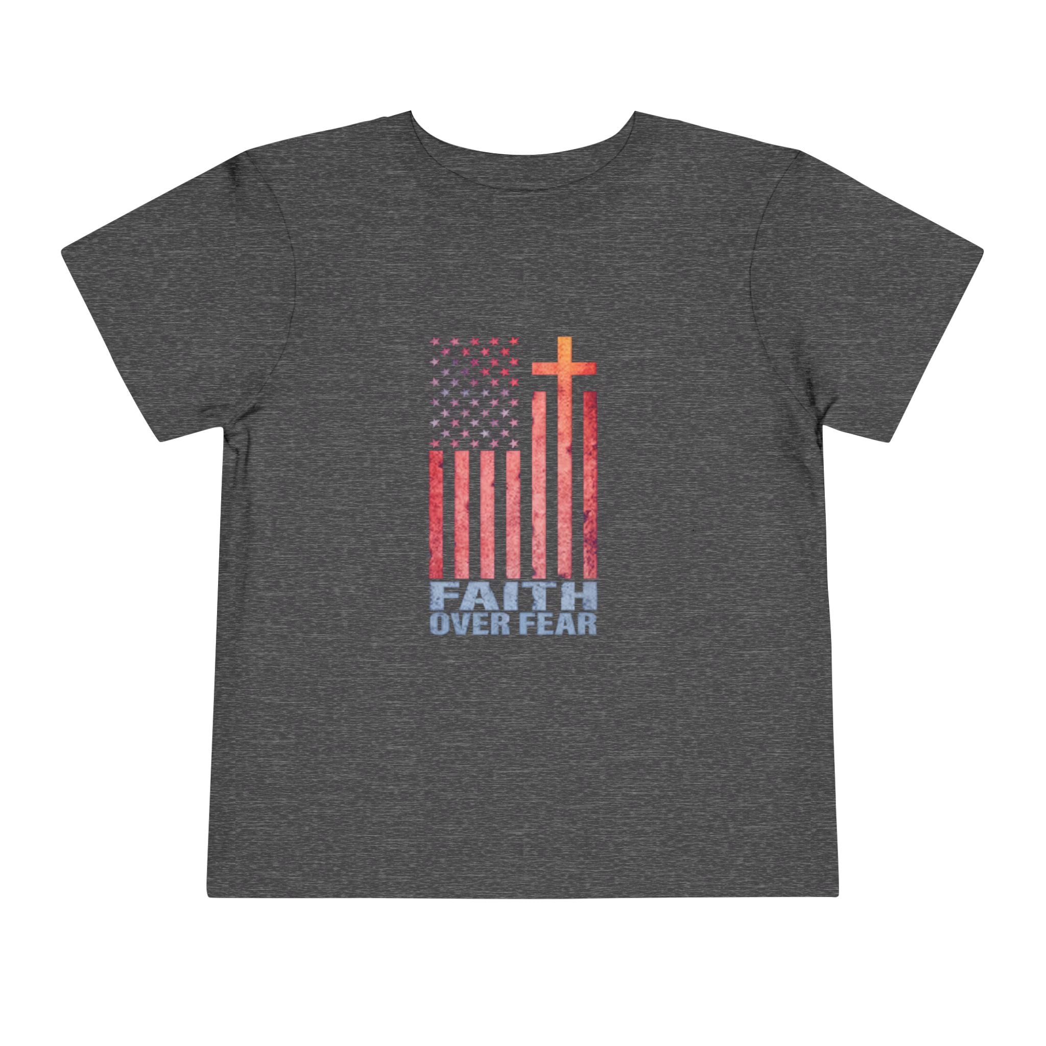 Toddler Tee — "Faith Over Fear" American Flag Cross Graphic