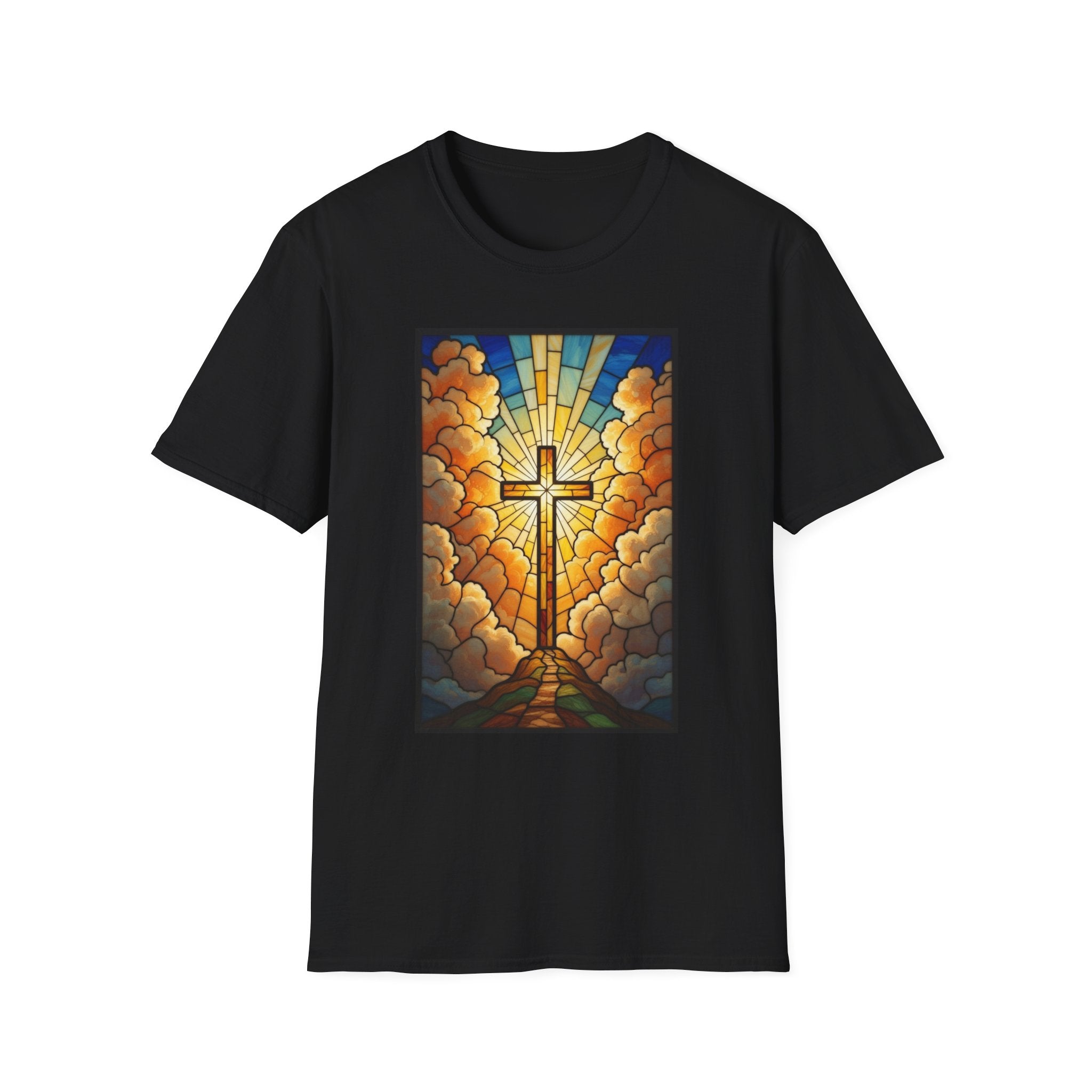 Christian Cross T-Shirt — Stained Glass Sunrise Faith Tee