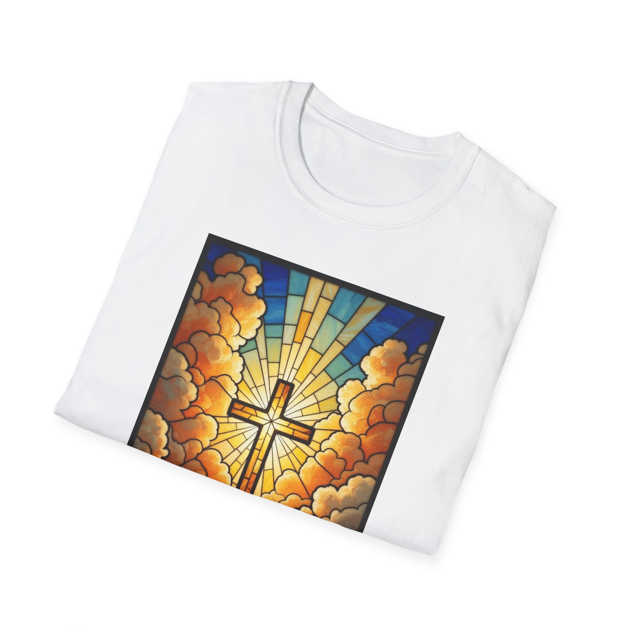 Christian Cross T-Shirt — Stained Glass Sunrise Faith Tee
