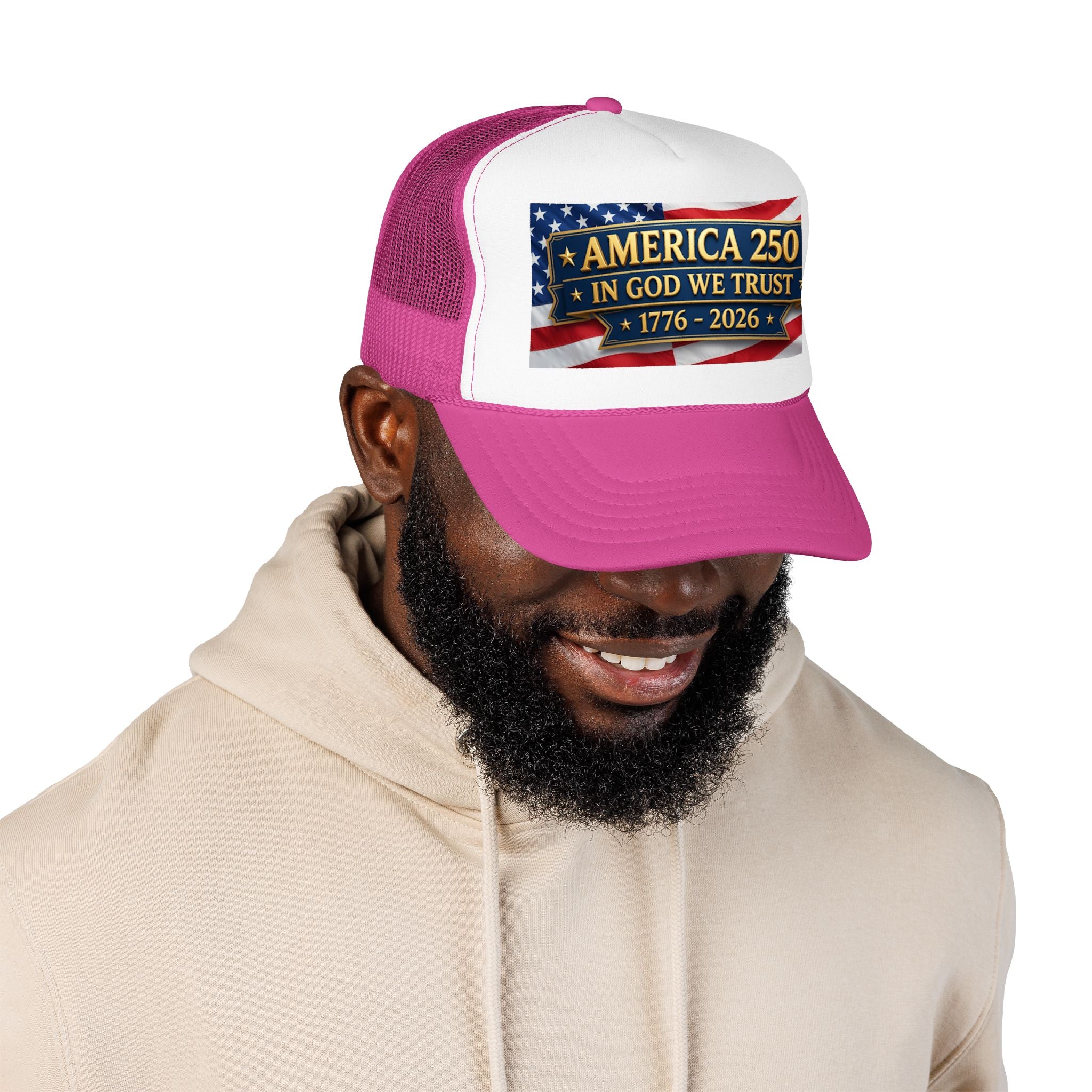 Trucker Hat — Multiple Colors “America 250 • In God We Trust • 1776–2026” Patriotic Flag Foam Cap