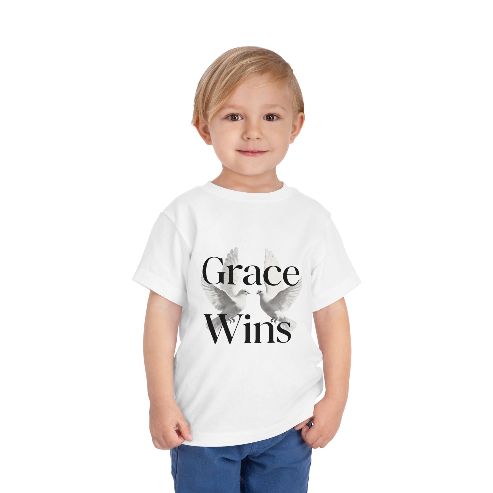 Toddler Tee — "Grace Wins" Dove Graphic Christian Short Sleeve Shirt