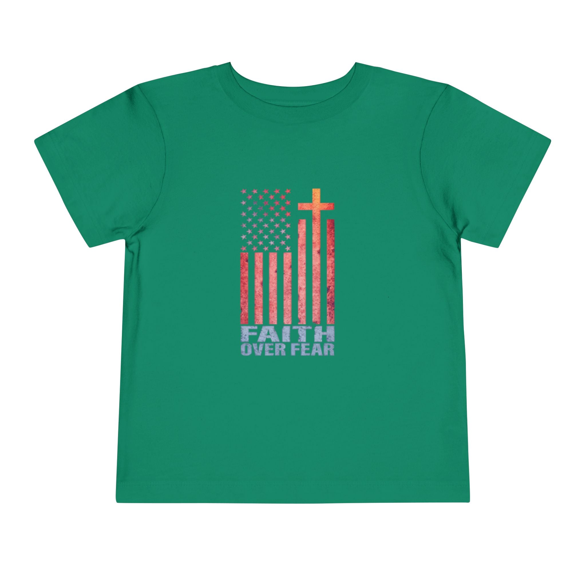 Toddler Tee — "Faith Over Fear" American Flag Cross Graphic