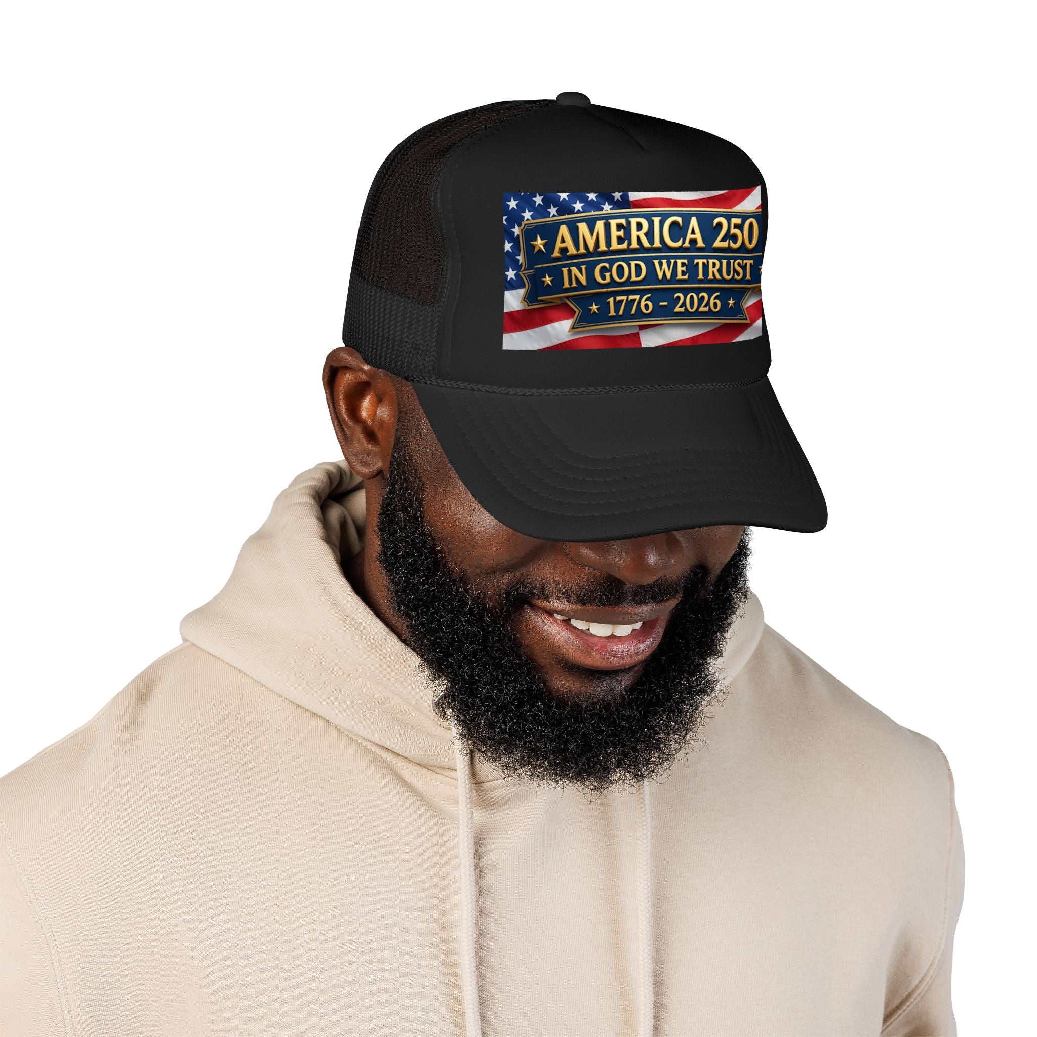 Trucker Hat — Multiple Colors “America 250 • In God We Trust • 1776–2026” Patriotic Flag Foam Cap