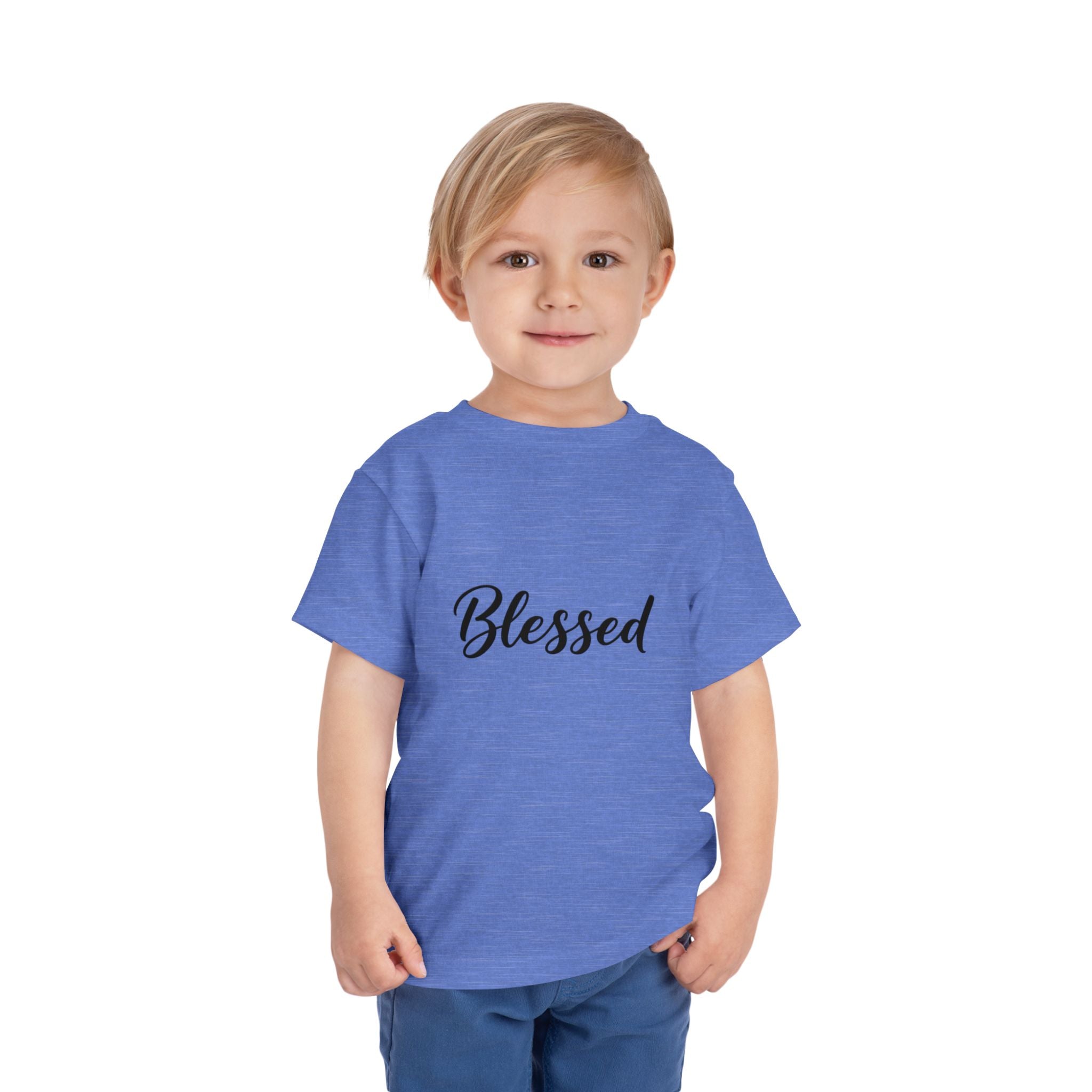 Blessed Toddler Tee — White Short Sleeve Baby Shirt with Script Text