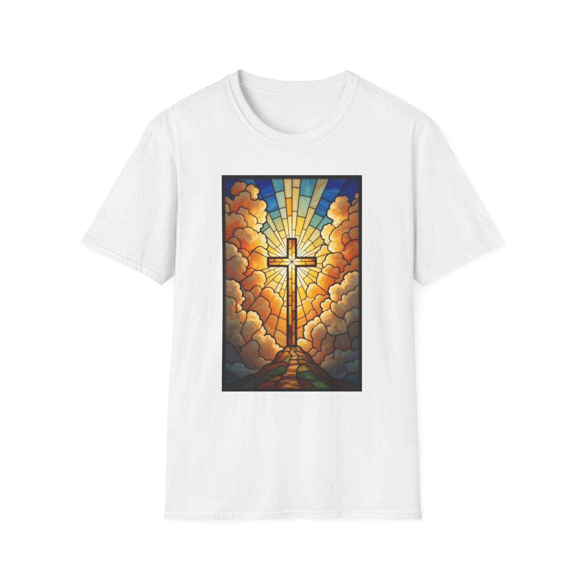 Christian Cross T-Shirt — Stained Glass Sunrise Faith Tee