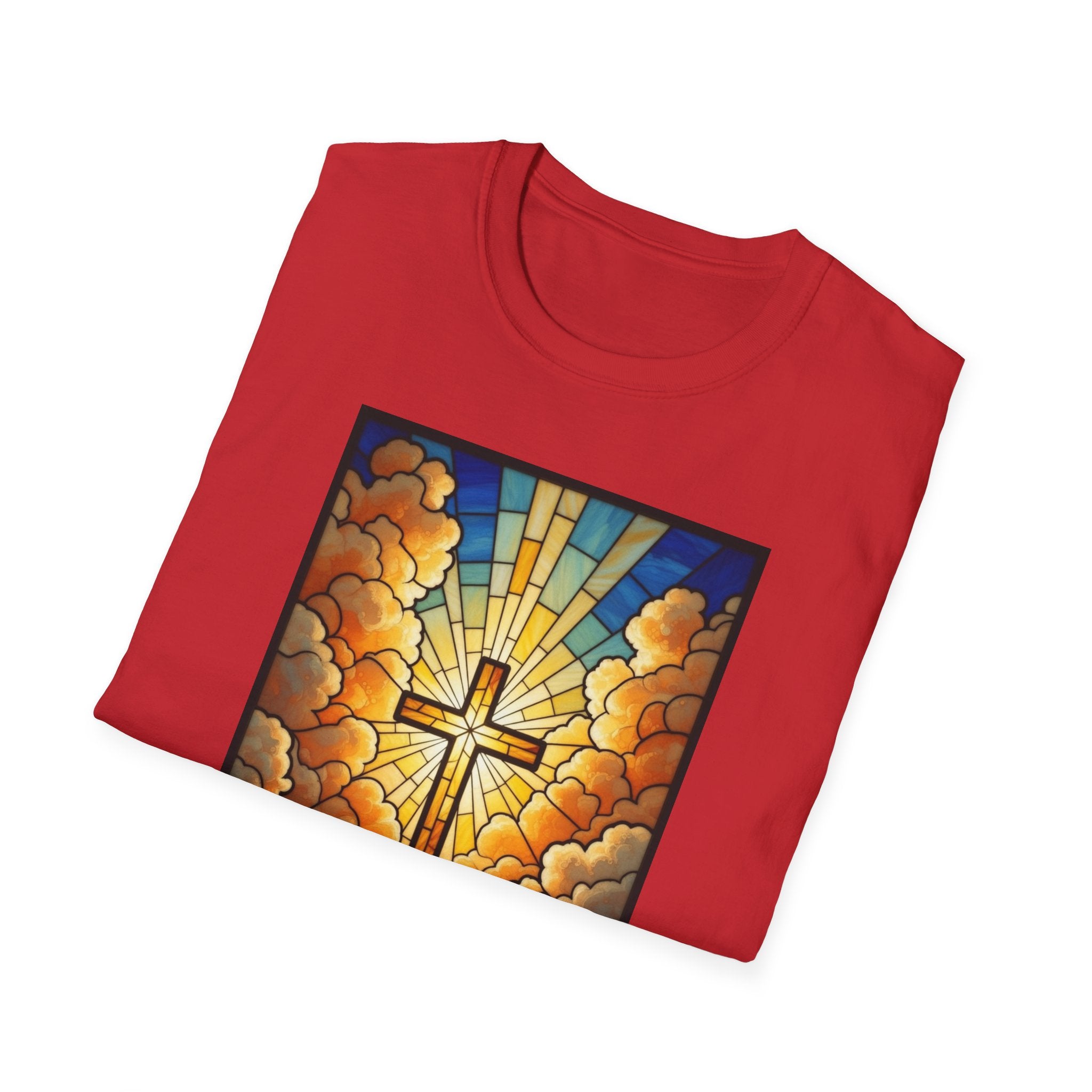 Christian Cross T-Shirt — Stained Glass Sunrise Faith Tee