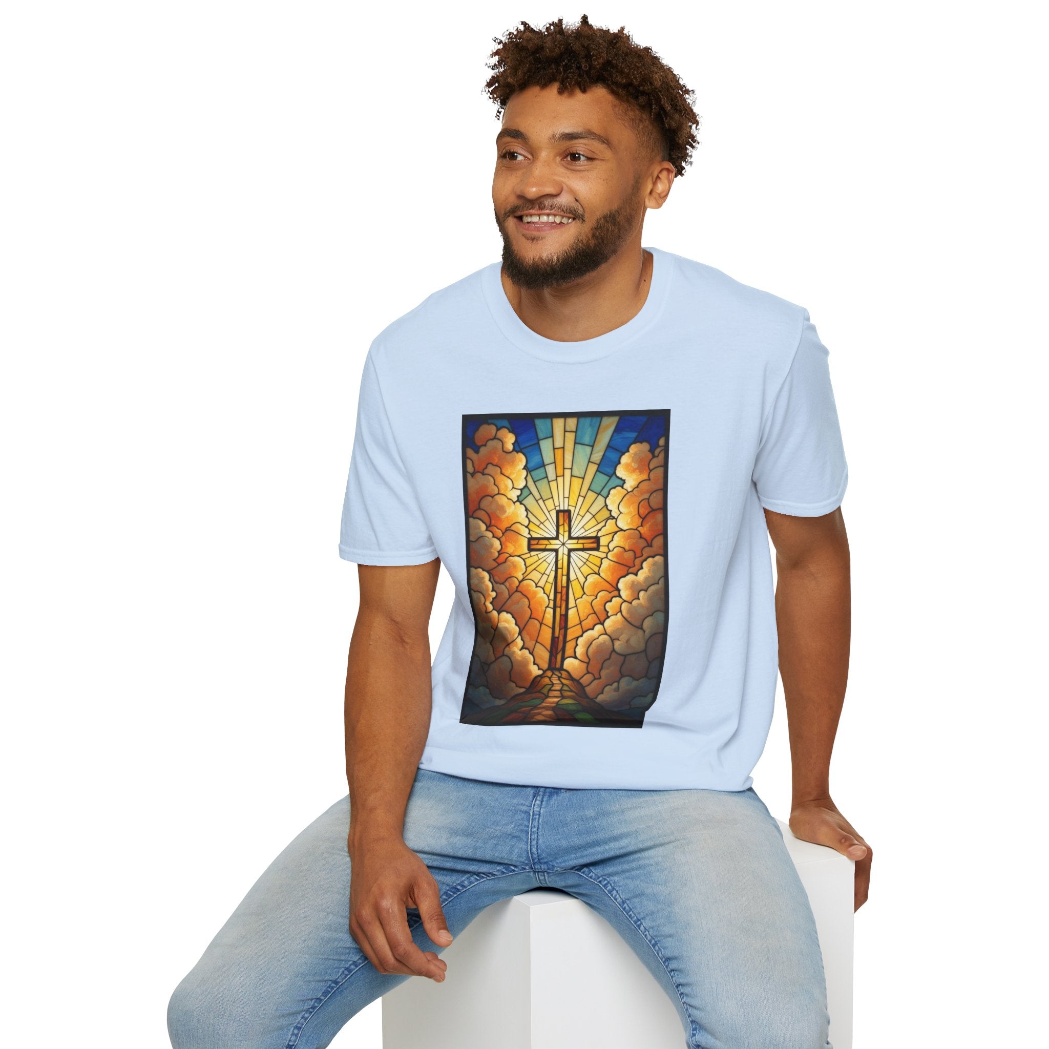 Christian Cross T-Shirt — Stained Glass Sunrise Faith Tee