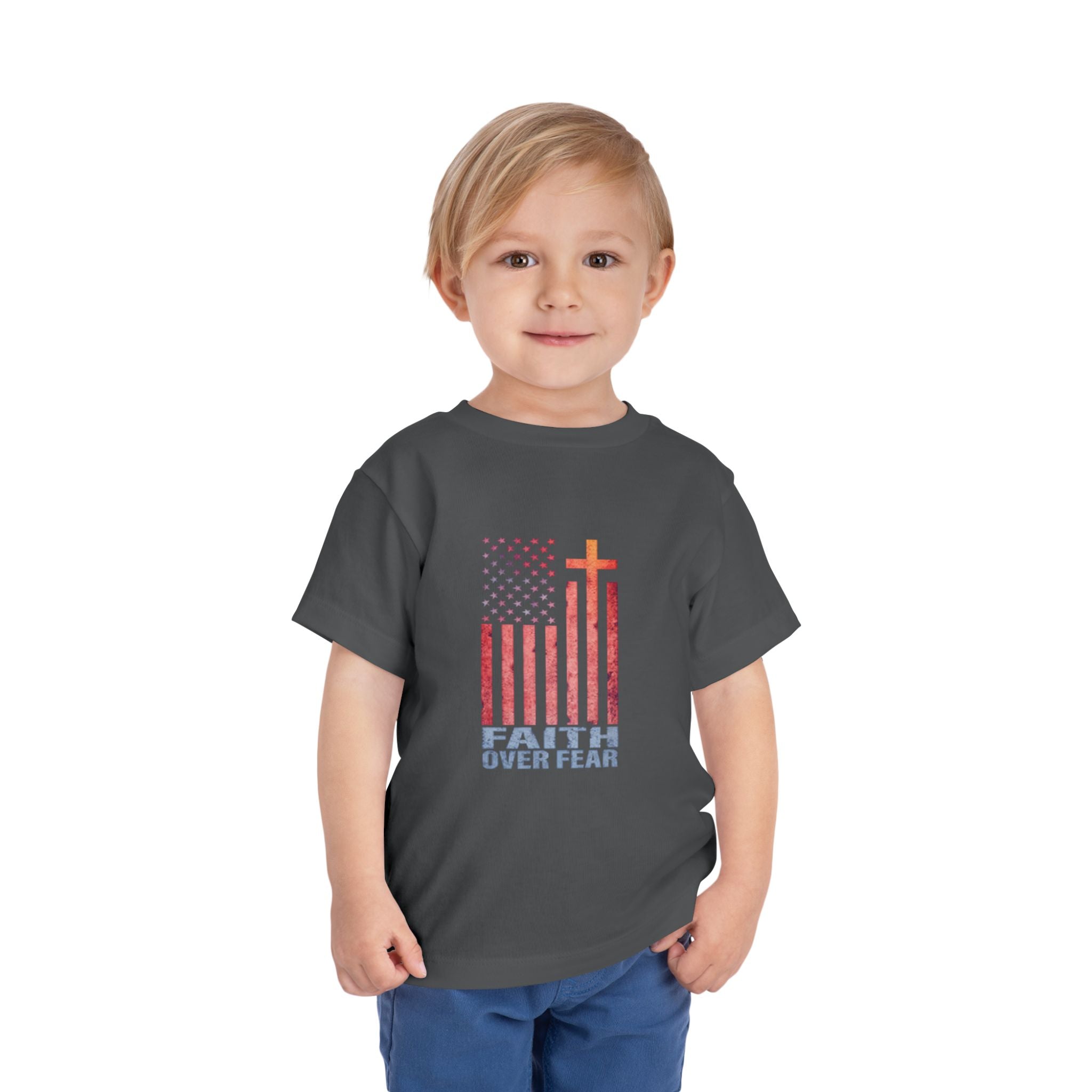 Toddler Tee — "Faith Over Fear" American Flag Cross Graphic