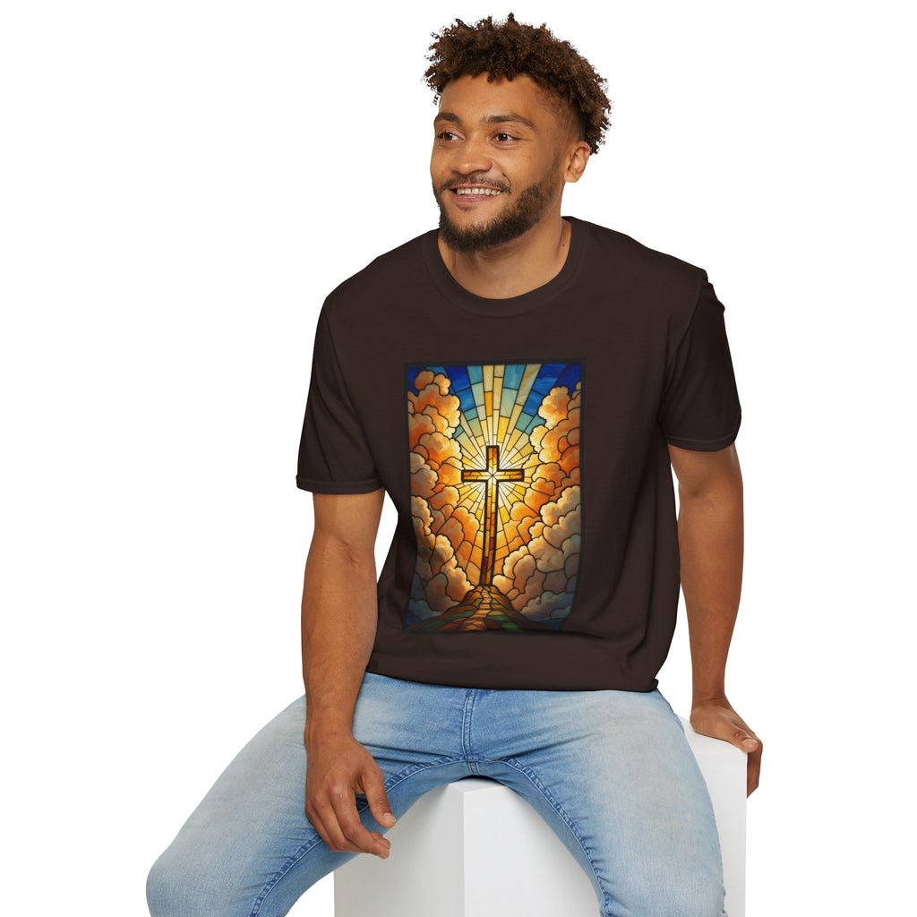 Christian Cross T-Shirt — Stained Glass Sunrise Faith Tee