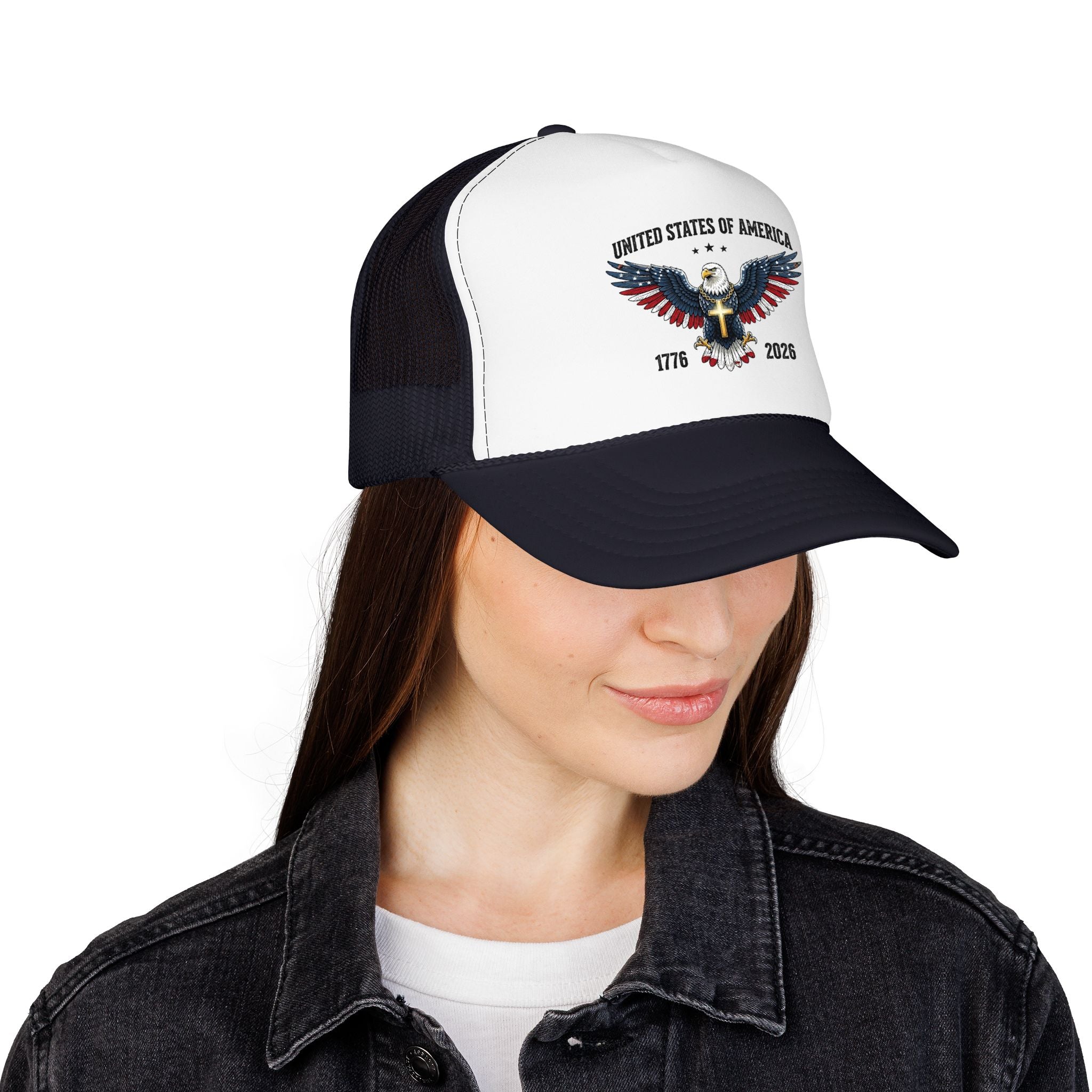 American Eagle Trucker Hat – Patriotic Cross & Flag Design