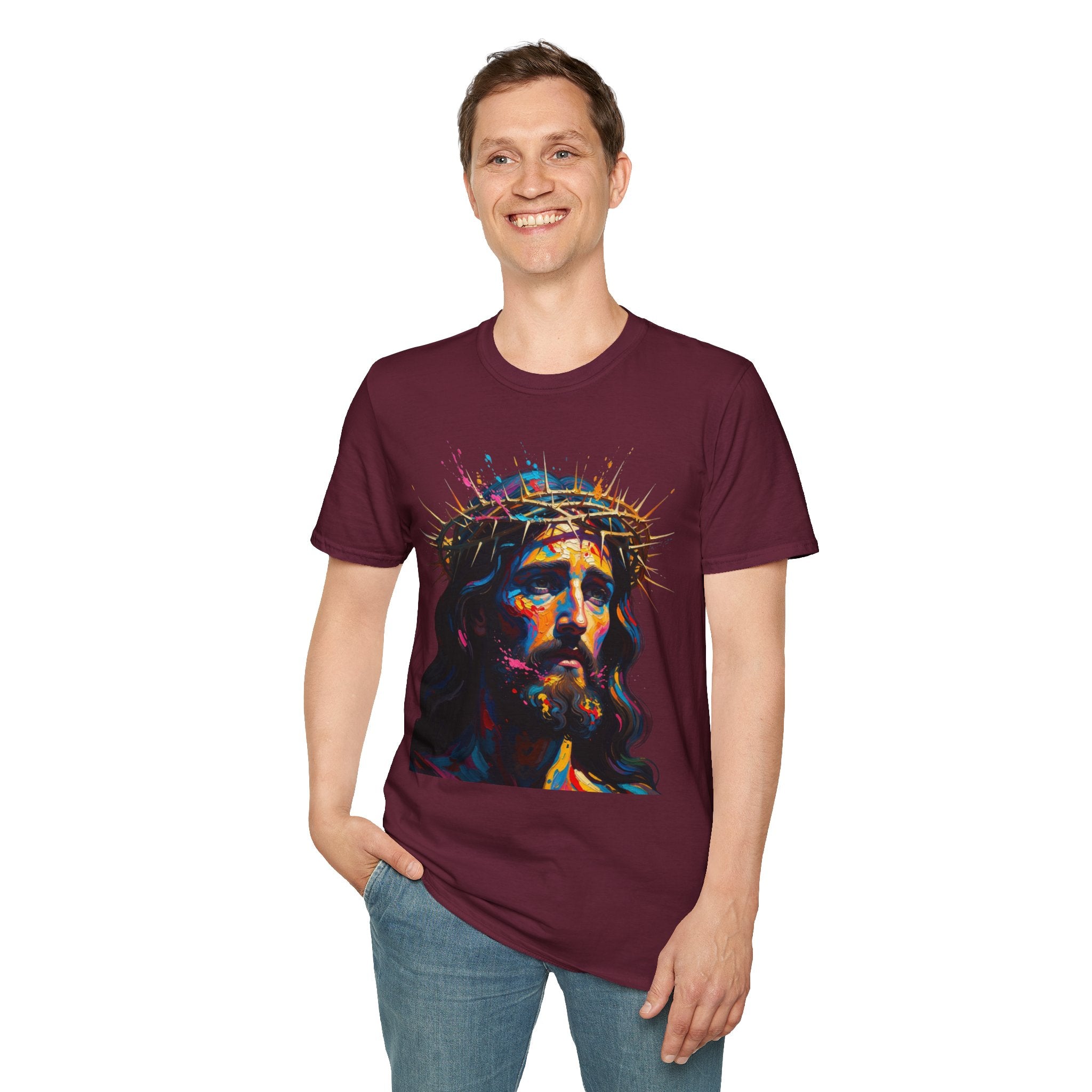 Jesus with Crown of Thorns T-Shirt | Colorful Portrait, Religious Christian Tee