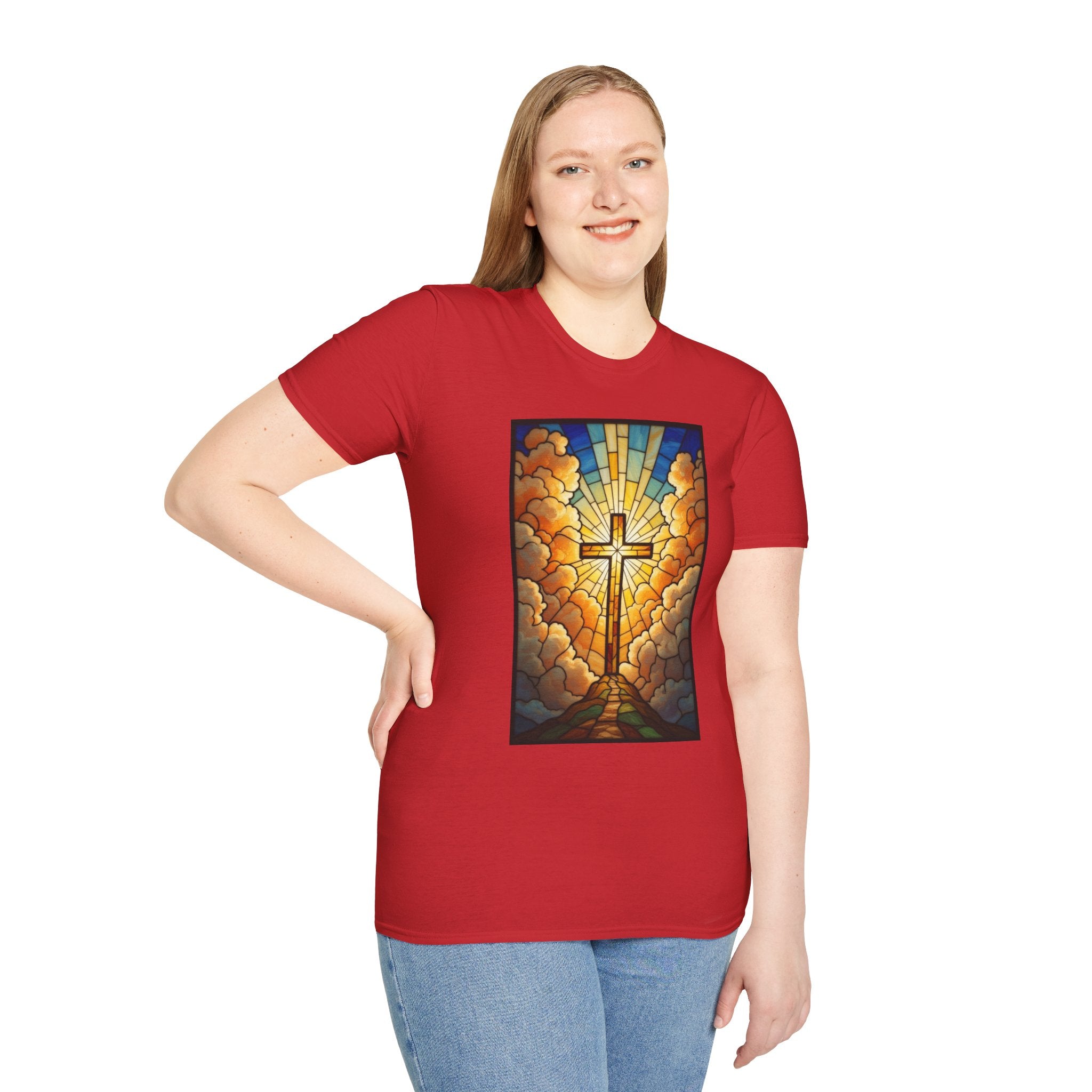 Christian Cross T-Shirt — Stained Glass Sunrise Faith Tee