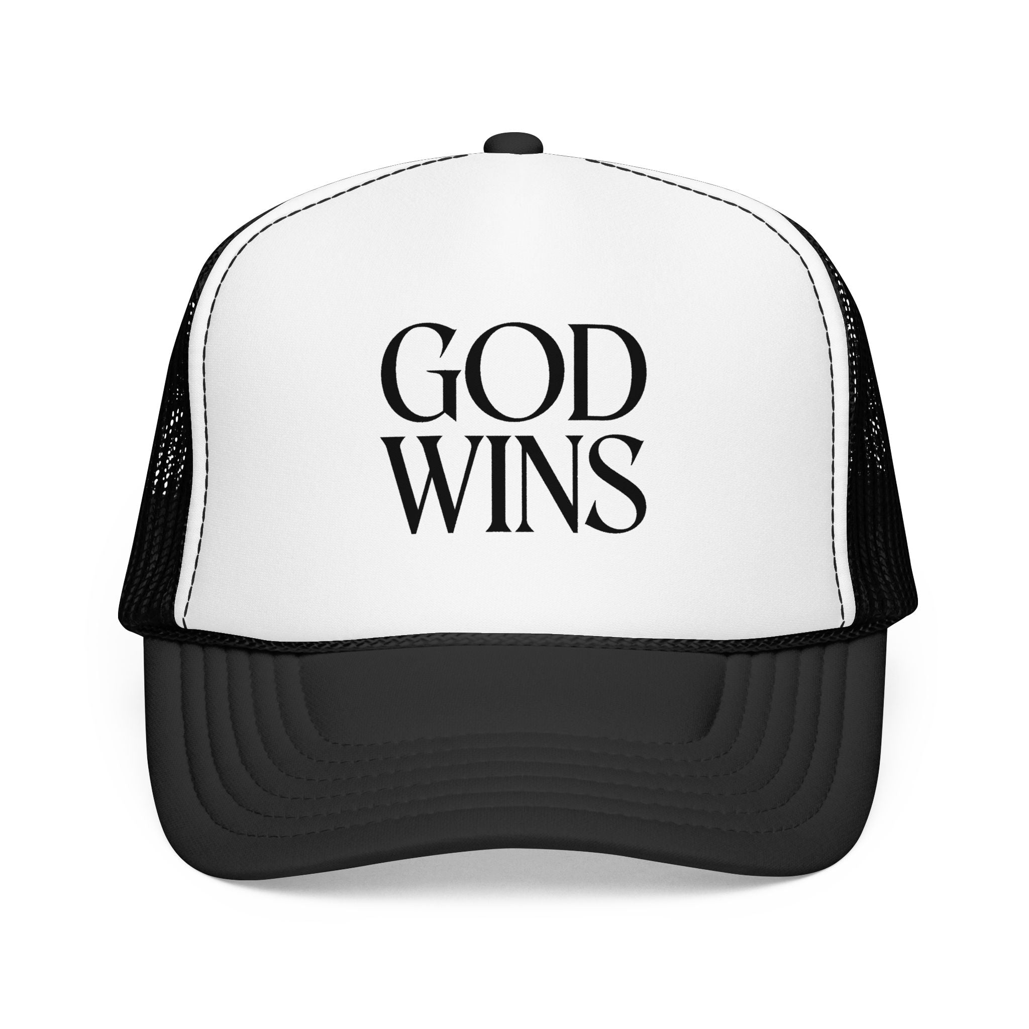 God Wins Trucker Hat — Christian Message Foam Mesh Cap