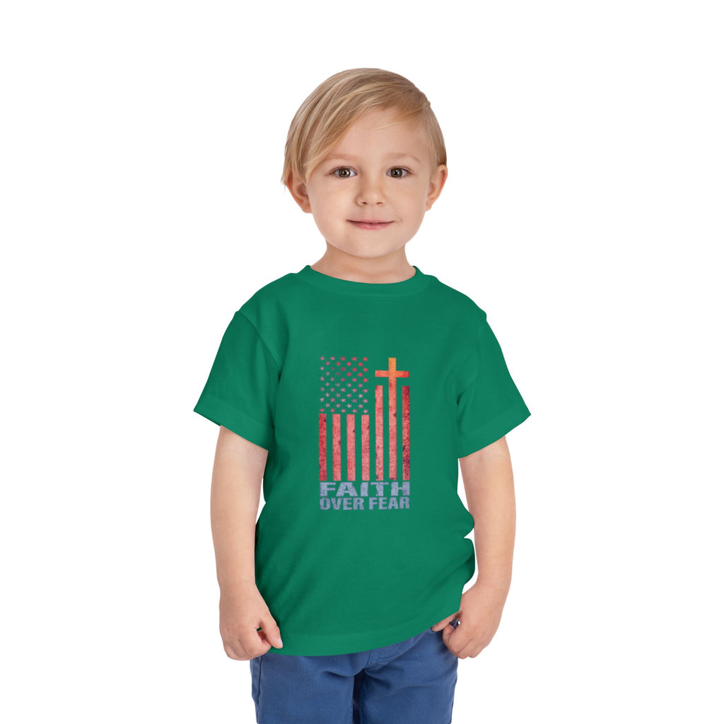 Toddler Tee — "Faith Over Fear" American Flag Cross Graphic