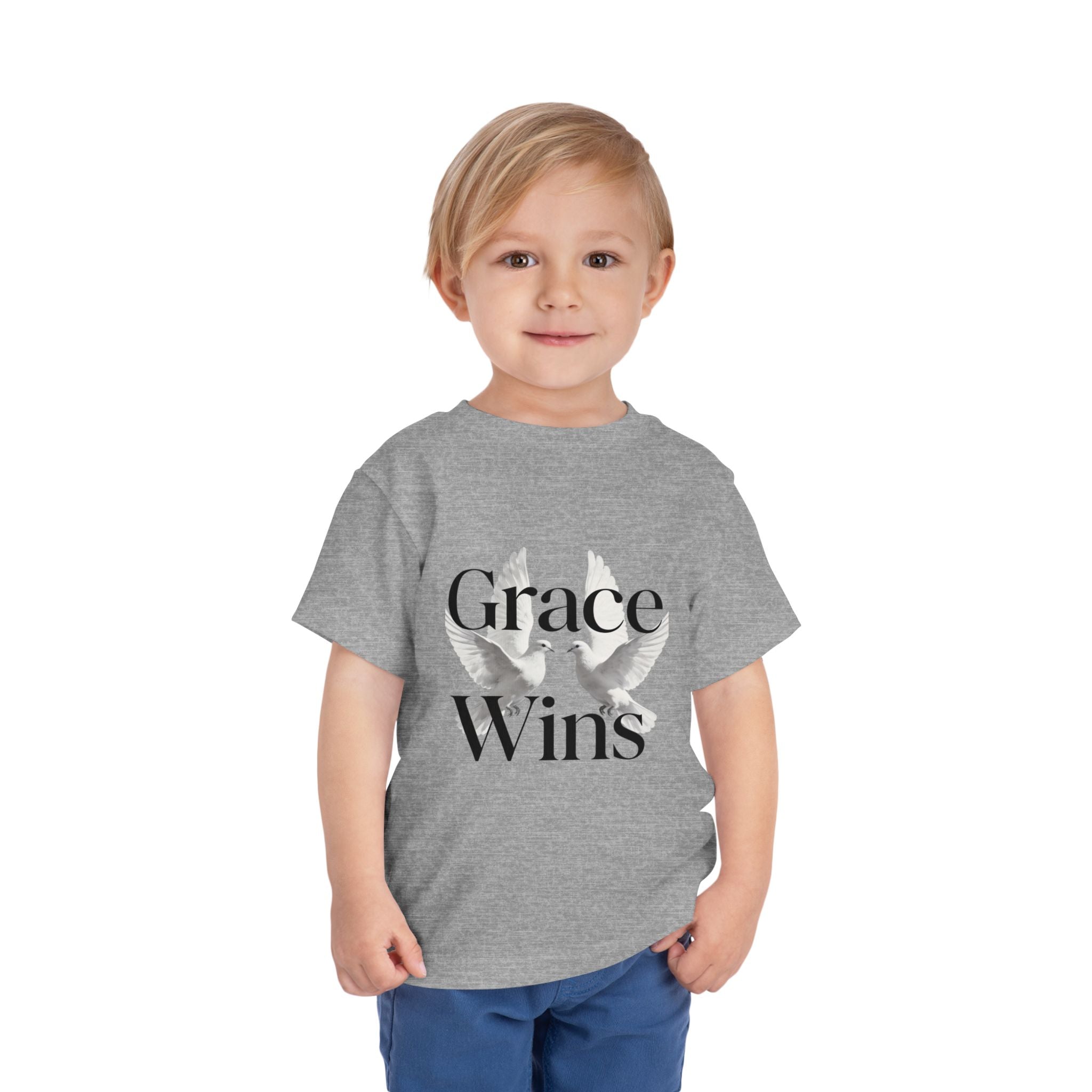 Toddler Tee — "Grace Wins" Dove Graphic Christian Short Sleeve Shirt