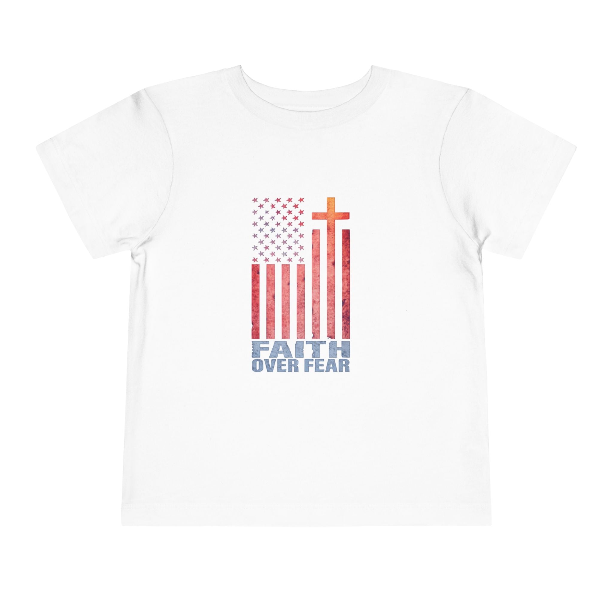 Toddler Tee — "Faith Over Fear" American Flag Cross Graphic