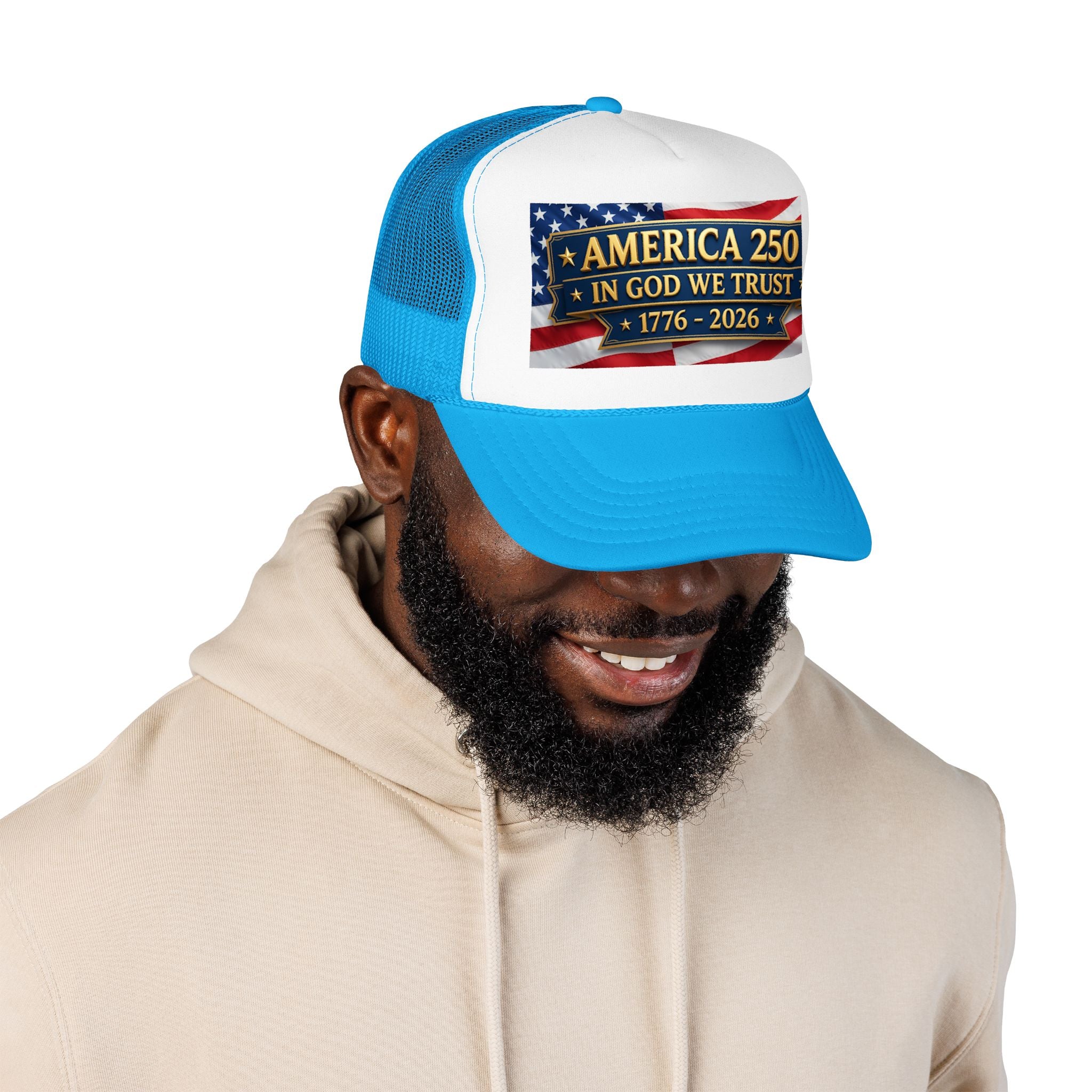 Trucker Hat — Multiple Colors “America 250 • In God We Trust • 1776–2026” Patriotic Flag Foam Cap