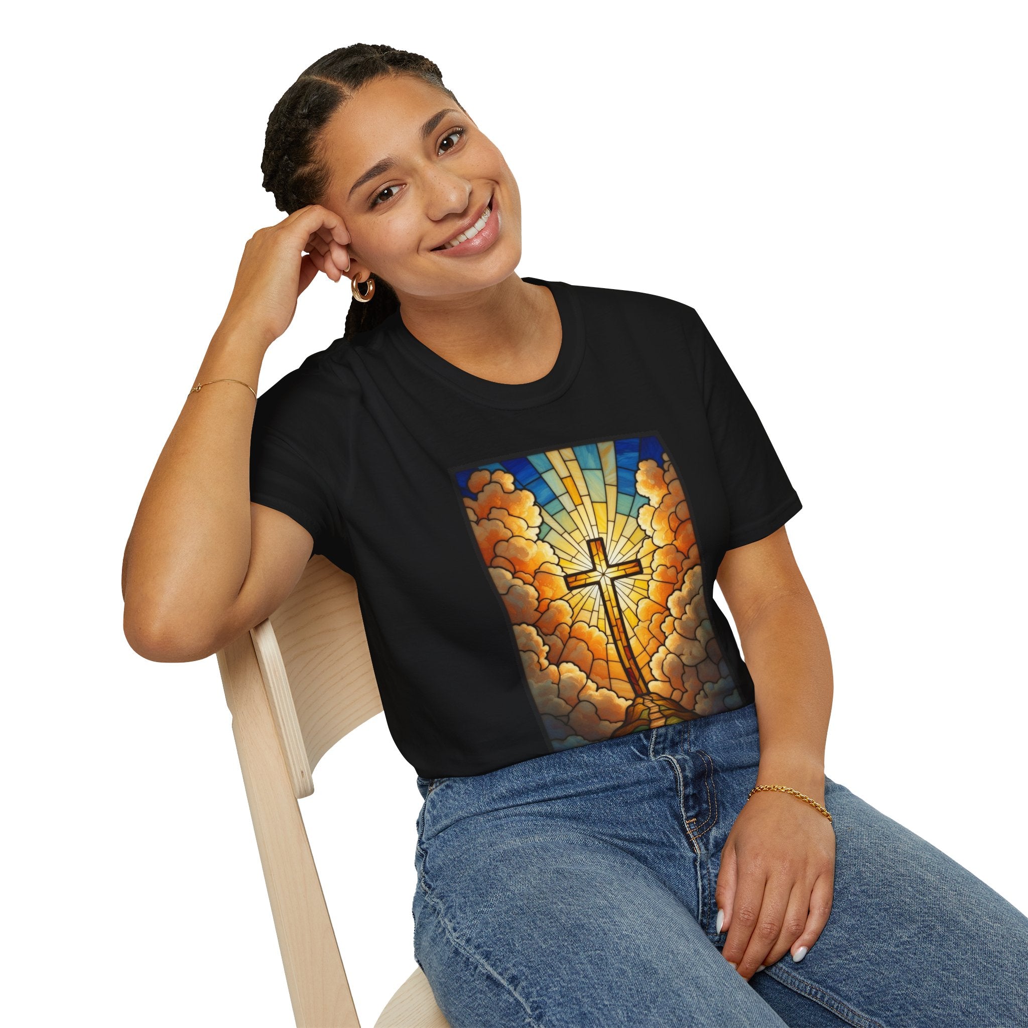 Christian Cross T-Shirt — Stained Glass Sunrise Faith Tee