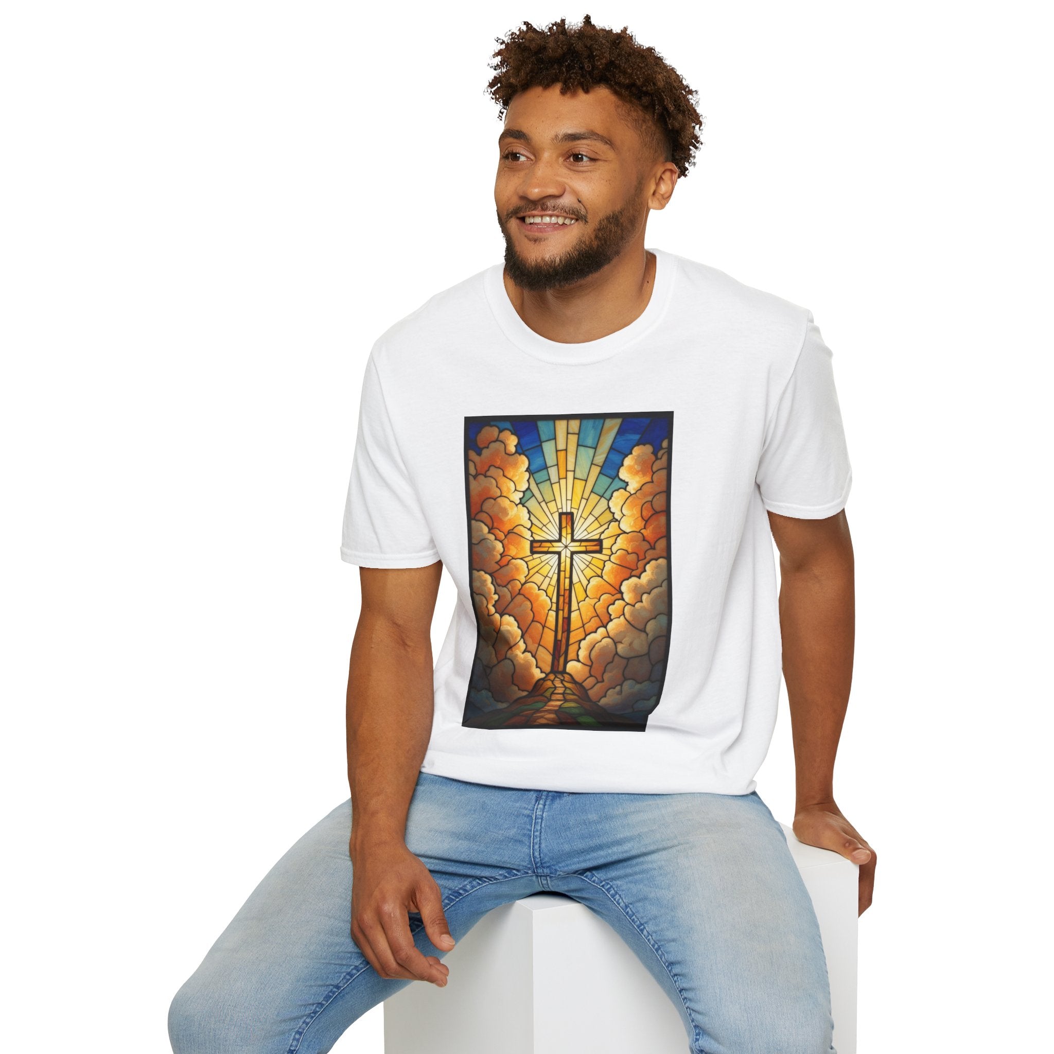 Christian Cross T-Shirt — Stained Glass Sunrise Faith Tee