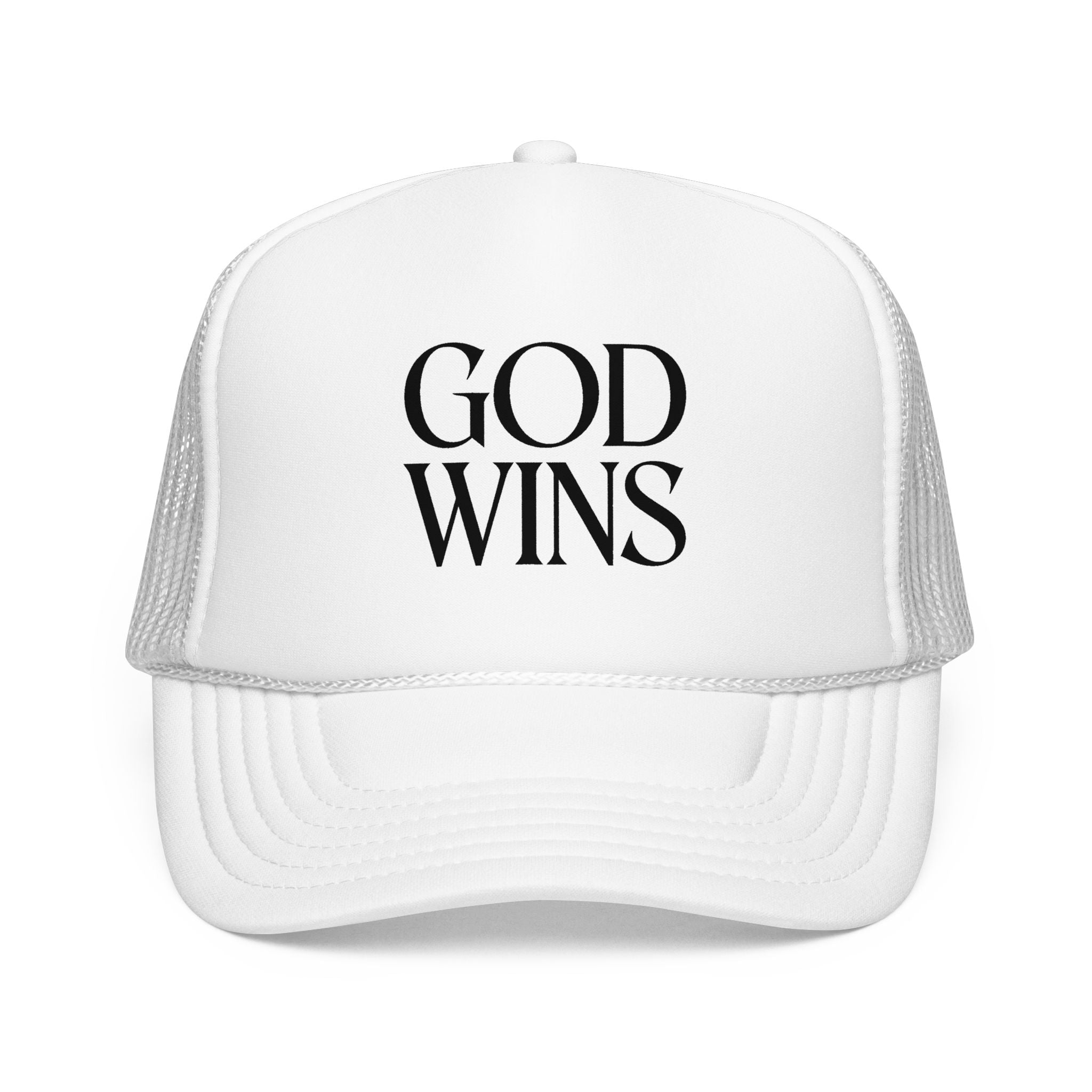 God Wins Trucker Hat — Christian Message Foam Mesh Cap