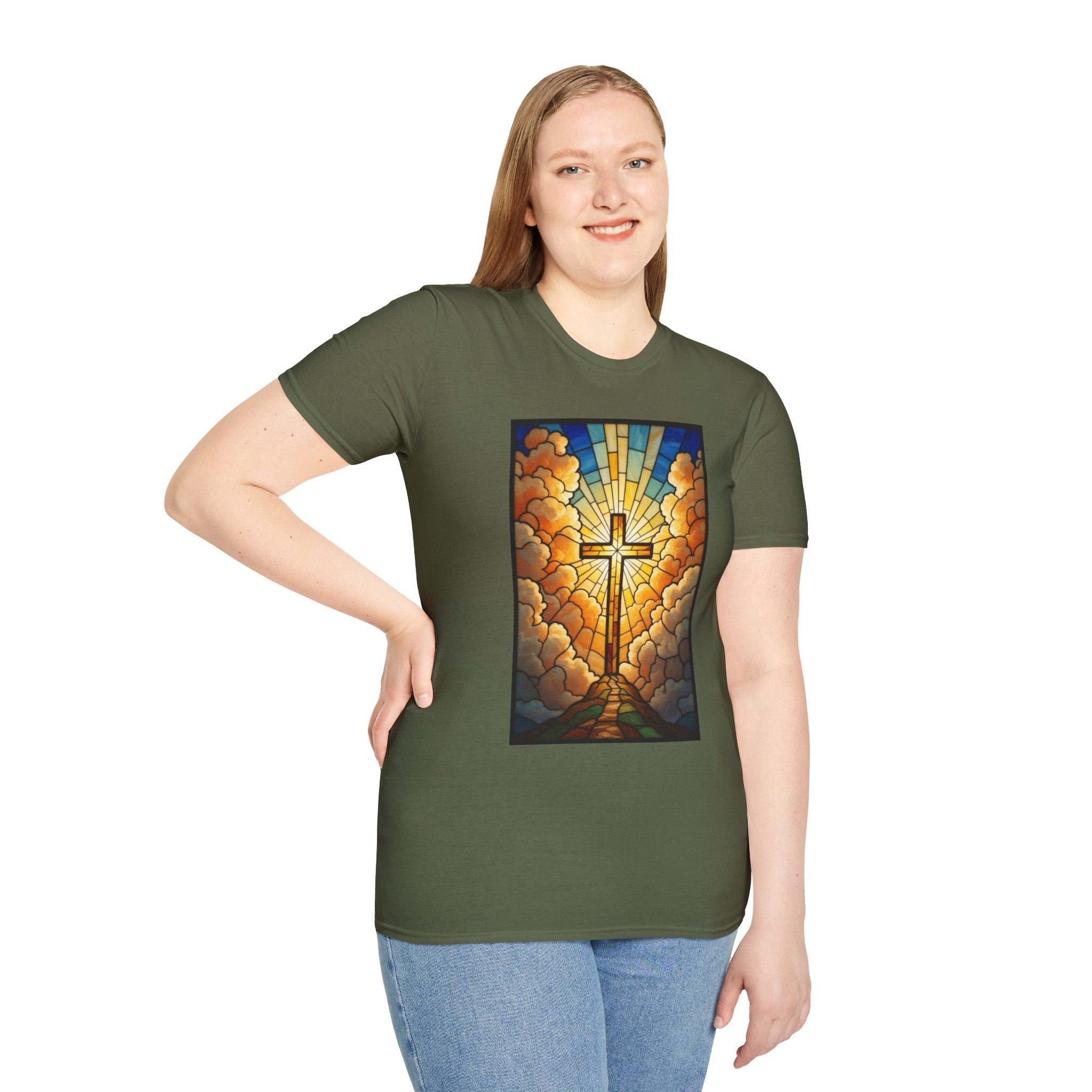 Christian Cross T-Shirt — Stained Glass Sunrise Faith Tee