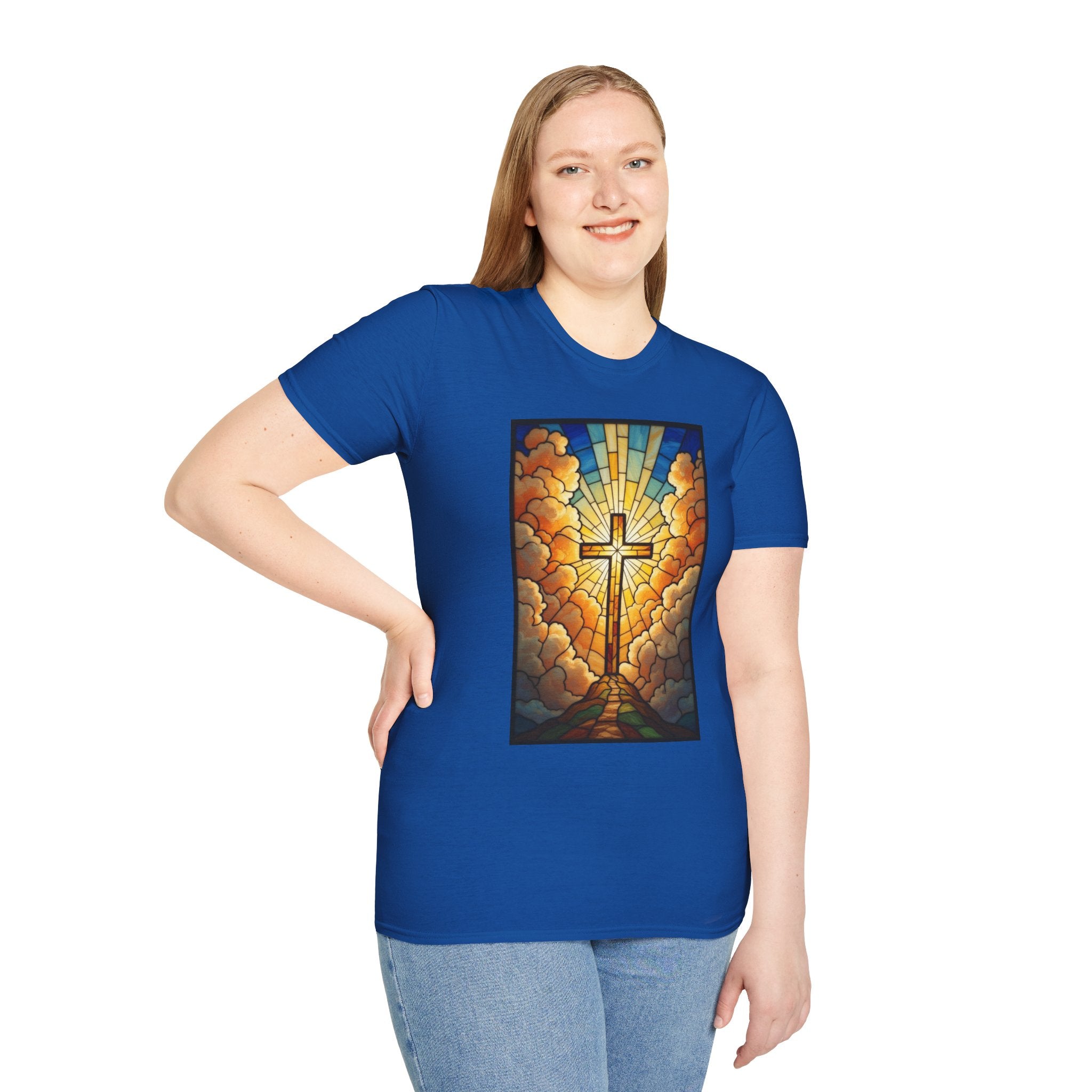 Christian Cross T-Shirt — Stained Glass Sunrise Faith Tee