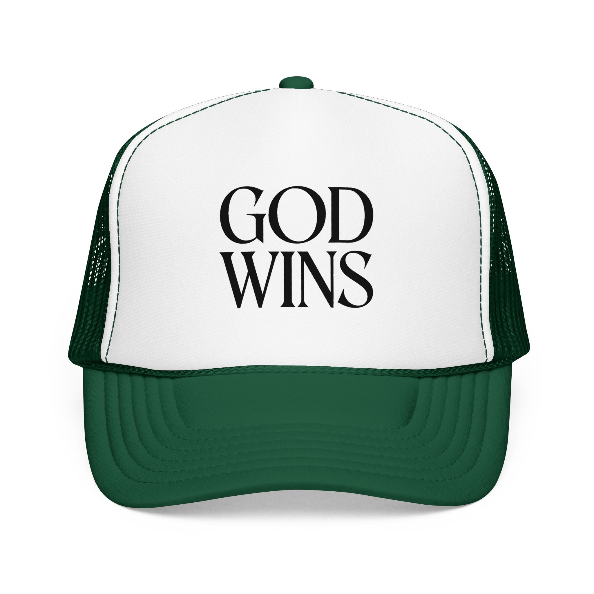 God Wins Trucker Hat — Christian Message Foam Mesh Cap